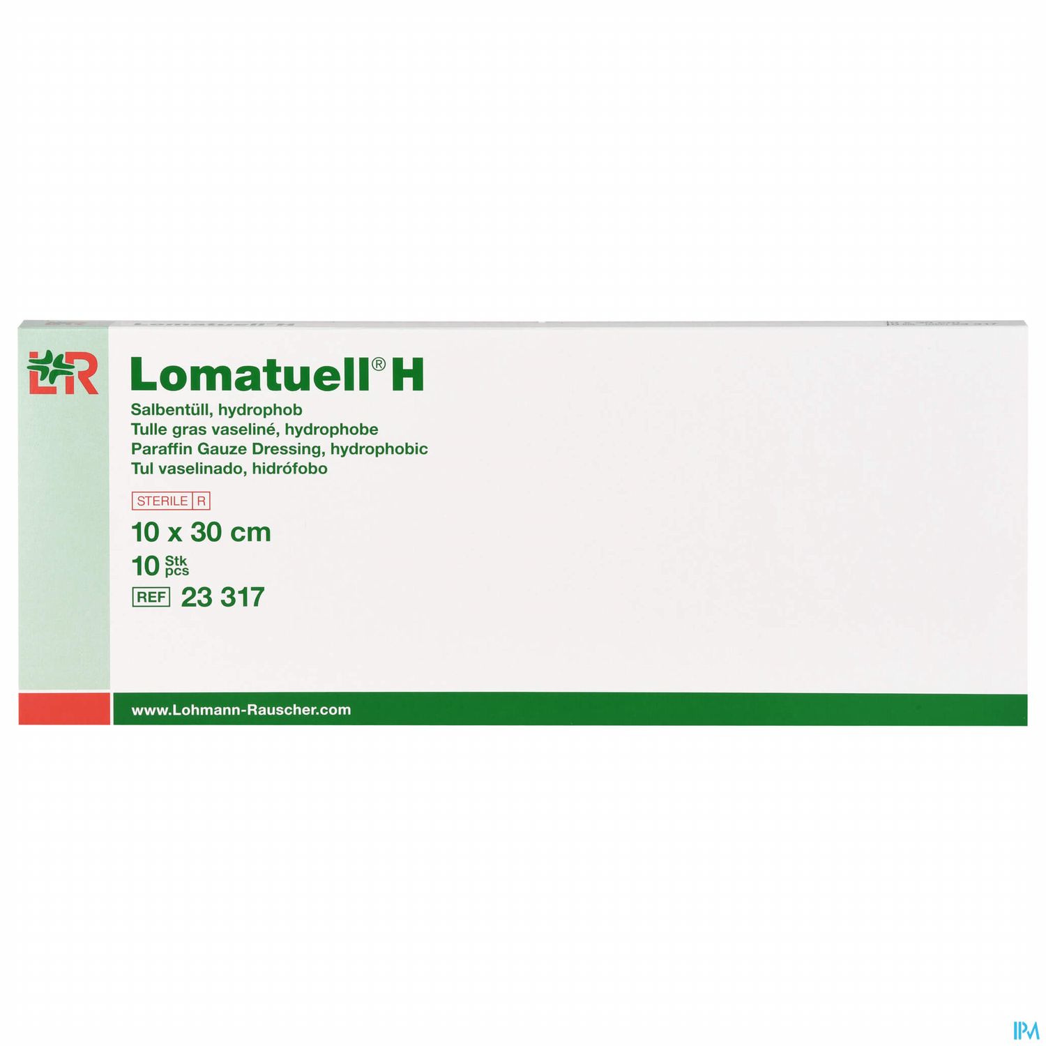 Verpackung von Lomatuell® H, hydrophobem Wundauflage, Größe 10 x 30 cm, 10 Stück.