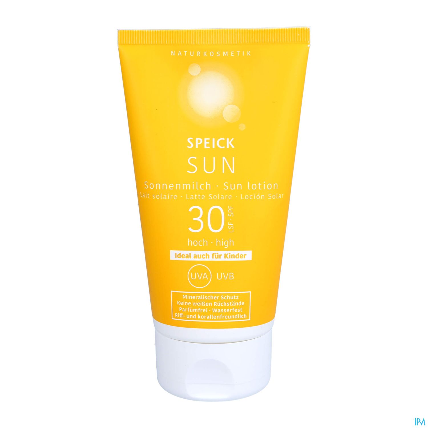 Sonnenschutzmittel in gelber Tube mit der Aufschrift "SPEICK SUN Sonnenmilch 30 hoch - ideal auch für Kinder" und Hinweisen auf UVA- und UVB-Schutz.