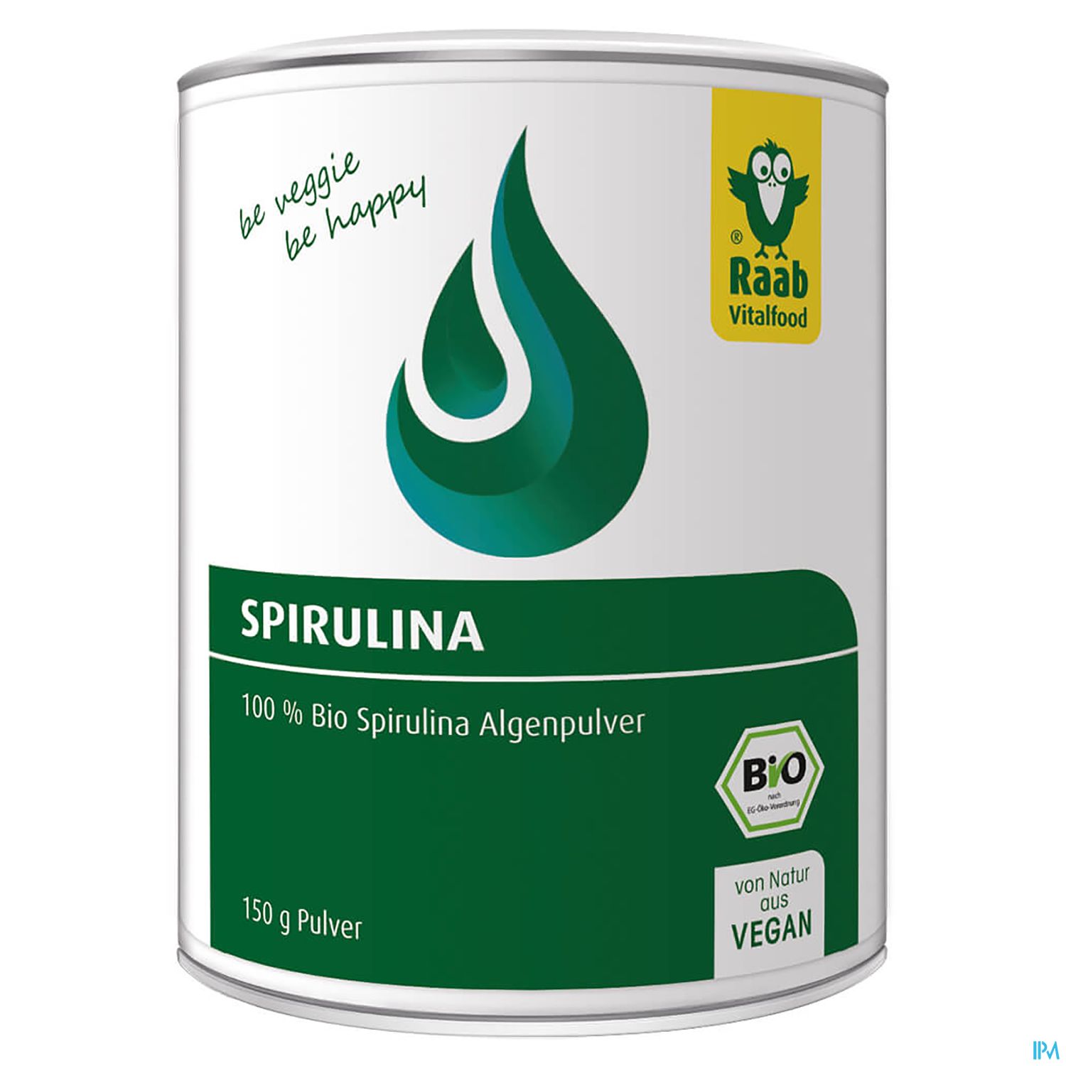 Dose mit 150 g Bio Spirulina Algenpulver, grüne Grafik und Textinformationen, Logo von Raab Vitalfood.