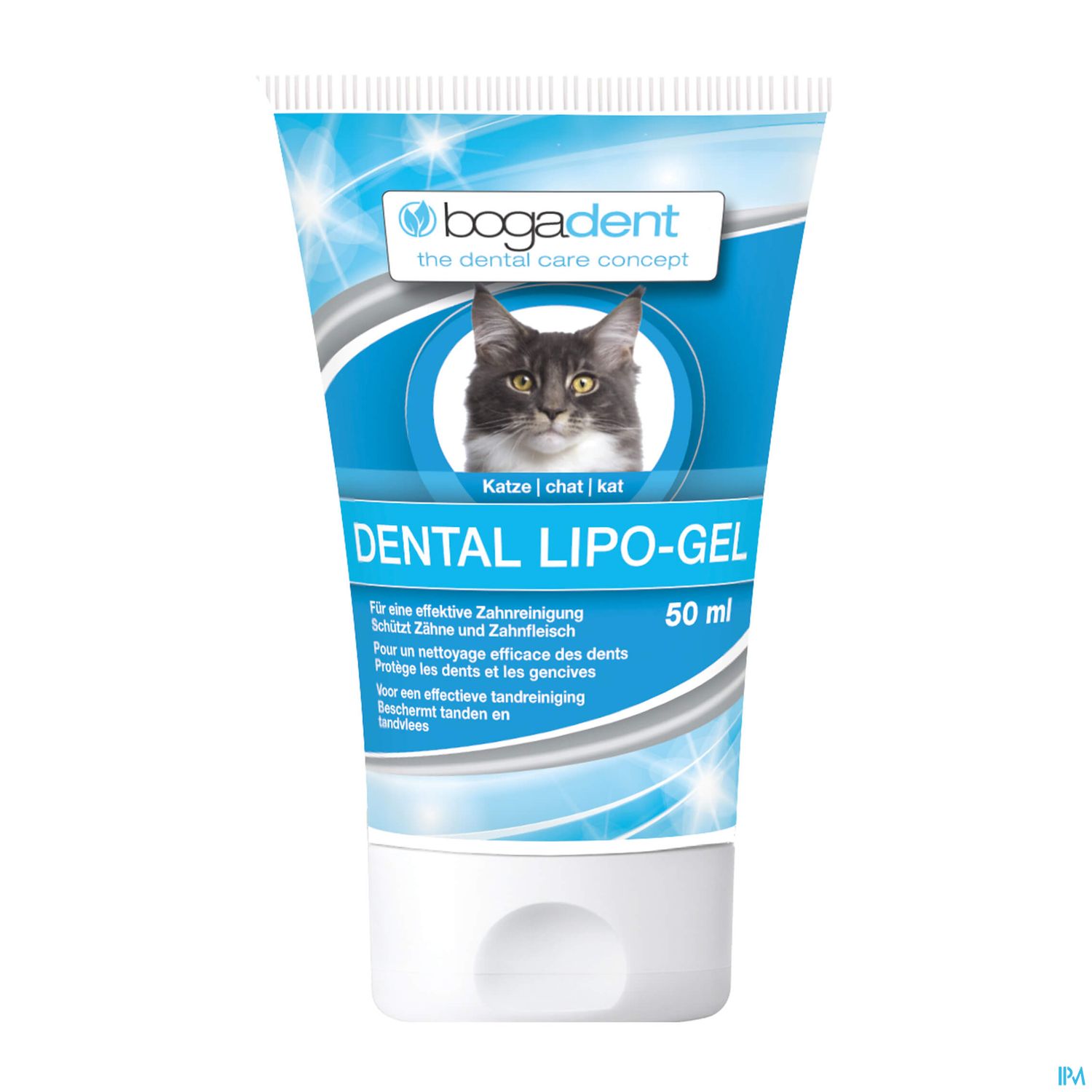 Tube mit bogadent Dental Lipo-Gel für Katzen, 50 ml, mit Abbild eines wuscheligen schwarzen Katers auf der Vorderseite.
