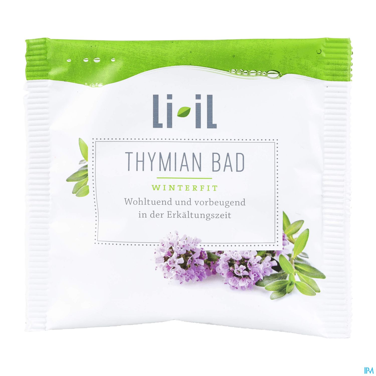 Packung mit Thymian-Bad von Li-IL, beschriftet mit "Winterfit" und Informationen zur wohltuenden Anwendung in der Erkältungszeit.