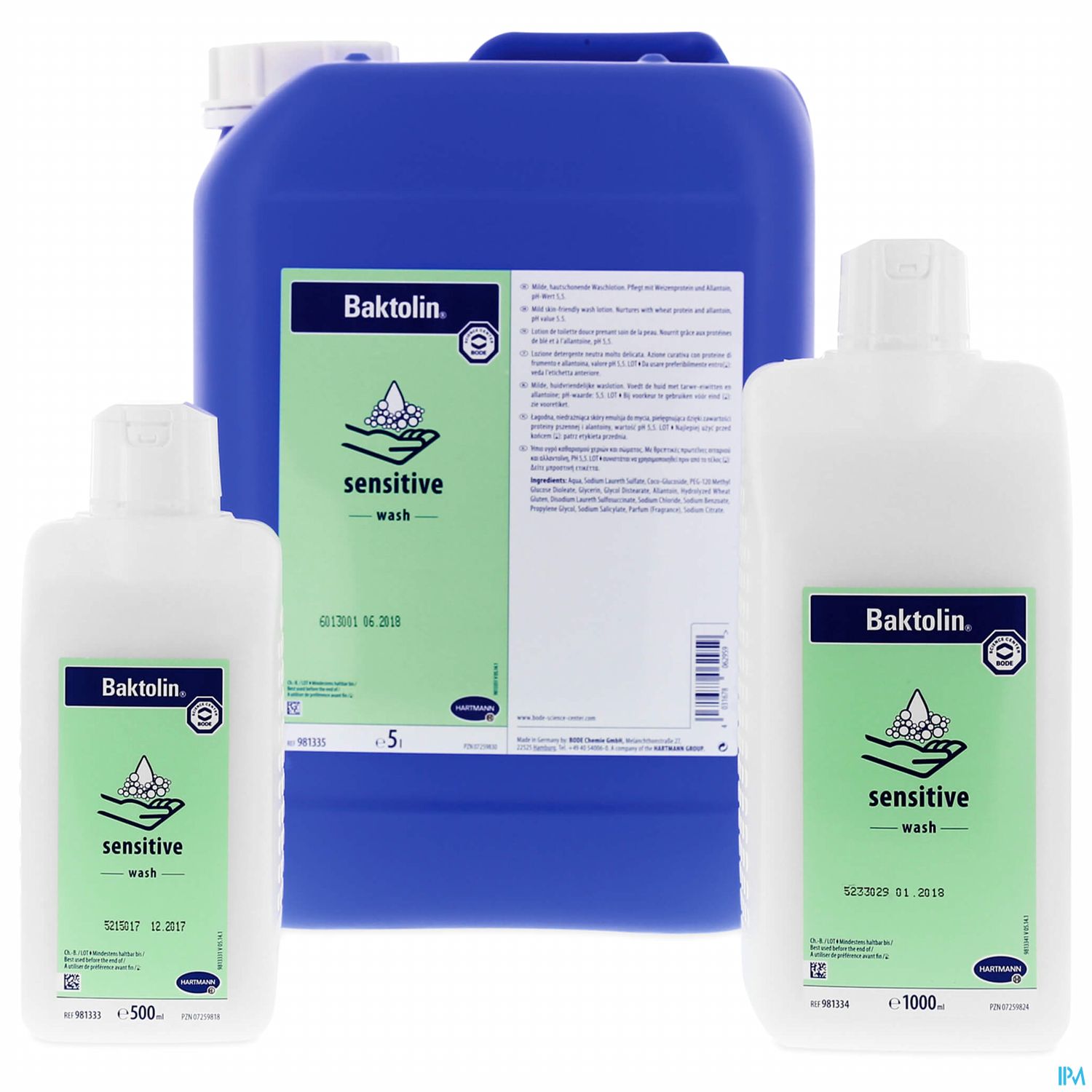 Drei Flaschen Baktolin Sensitive Wash in unterschiedlichen Größen auf weißem Hintergrund: eine große rechteckige Kanisterflasche und zwei kleinere runde Flaschen. Alle haben ein grünes Etikett mit dem Produktnamen.