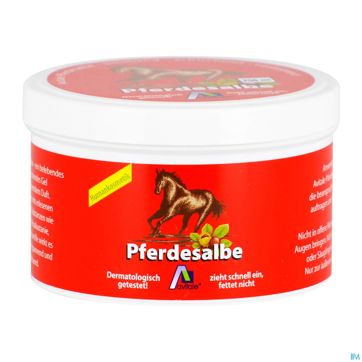 Runde Dose mit rotem Etikett, beschriftet mit "Pferdesalbe", enthält einen goldenen Pferdeabdruck und Hinweise zur dermatologischen Testung.
