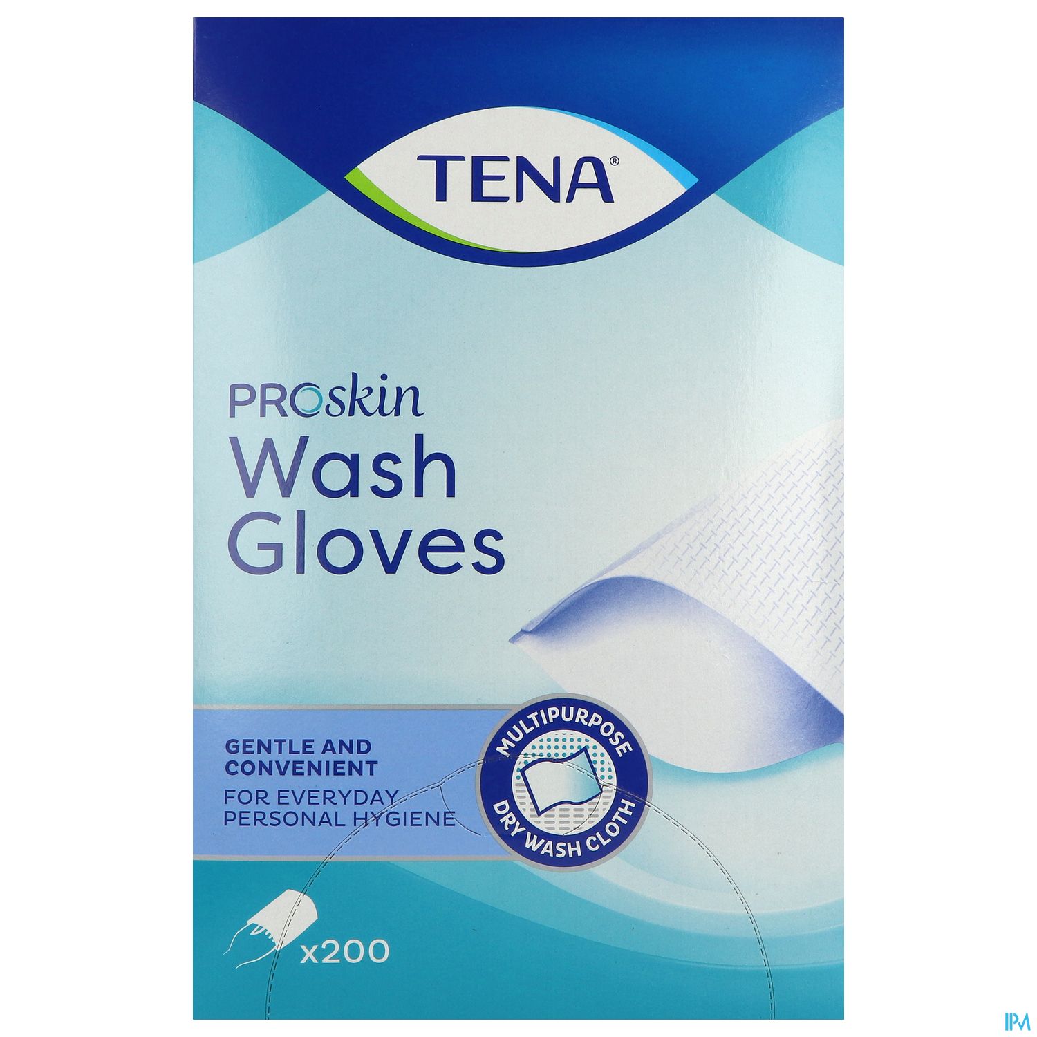 Verpackung von TENA ProSkin Waschhandschuhen mit der Aufschrift „200 Stück – sanft und praktisch für die persönliche Hygiene“.