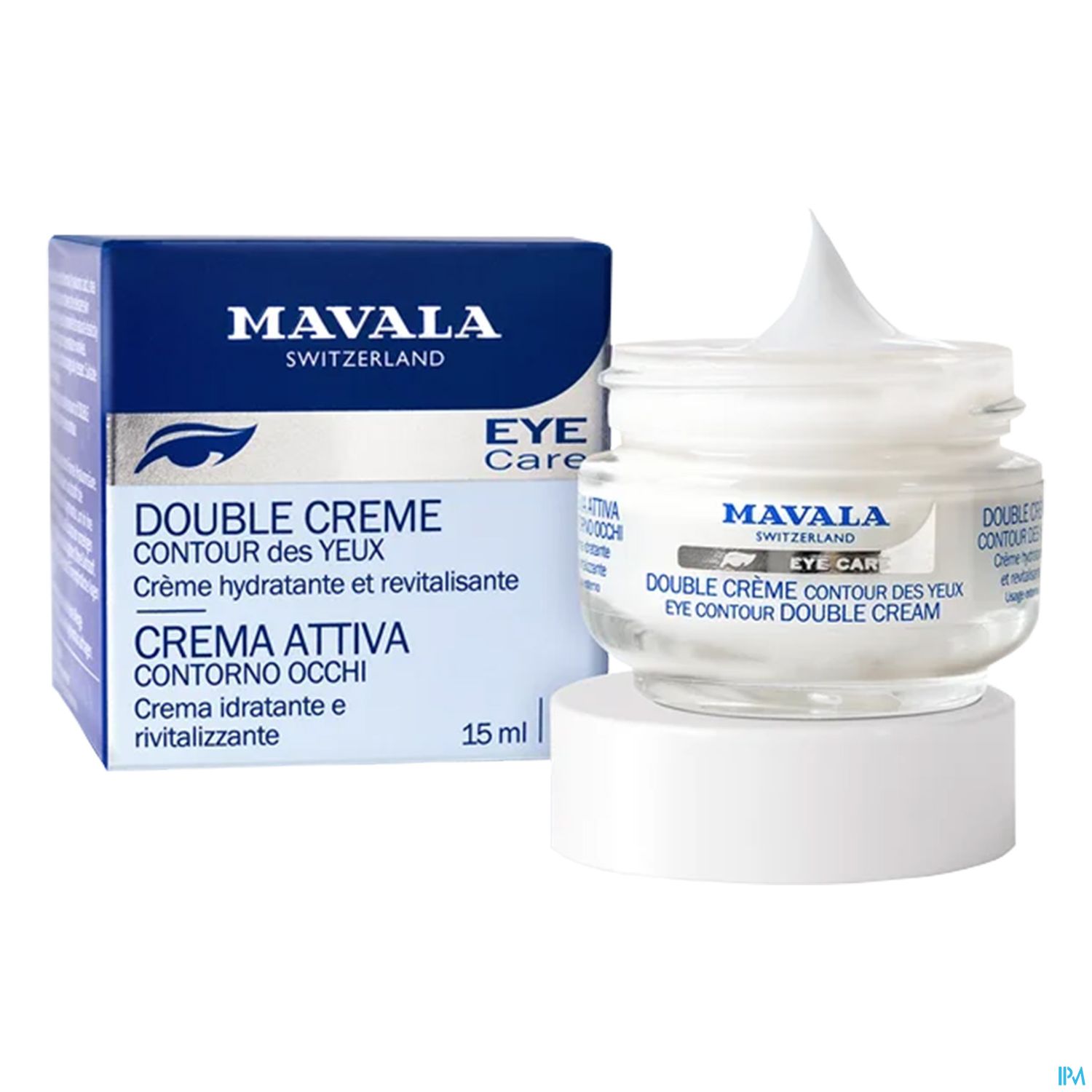 Jar einer Augencreme von Mavala mit einer blauen und weißen Verpackung.