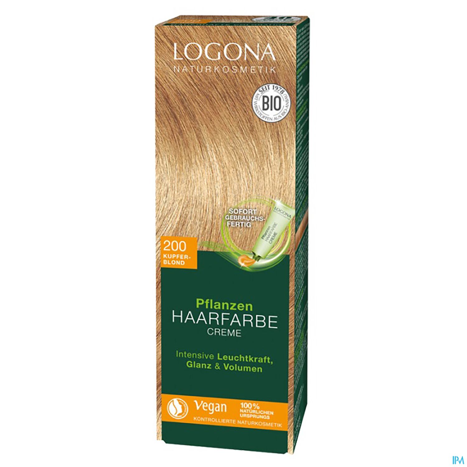 Verpackung einer pflanzlichen Haarfarbe von Logona in der Farbe 200 Kupfer-Blond, mit Hinweisen auf intensive Leuchtkraft, Glanz und Volumen, sowie veganer und Bio-Zertifizierung.