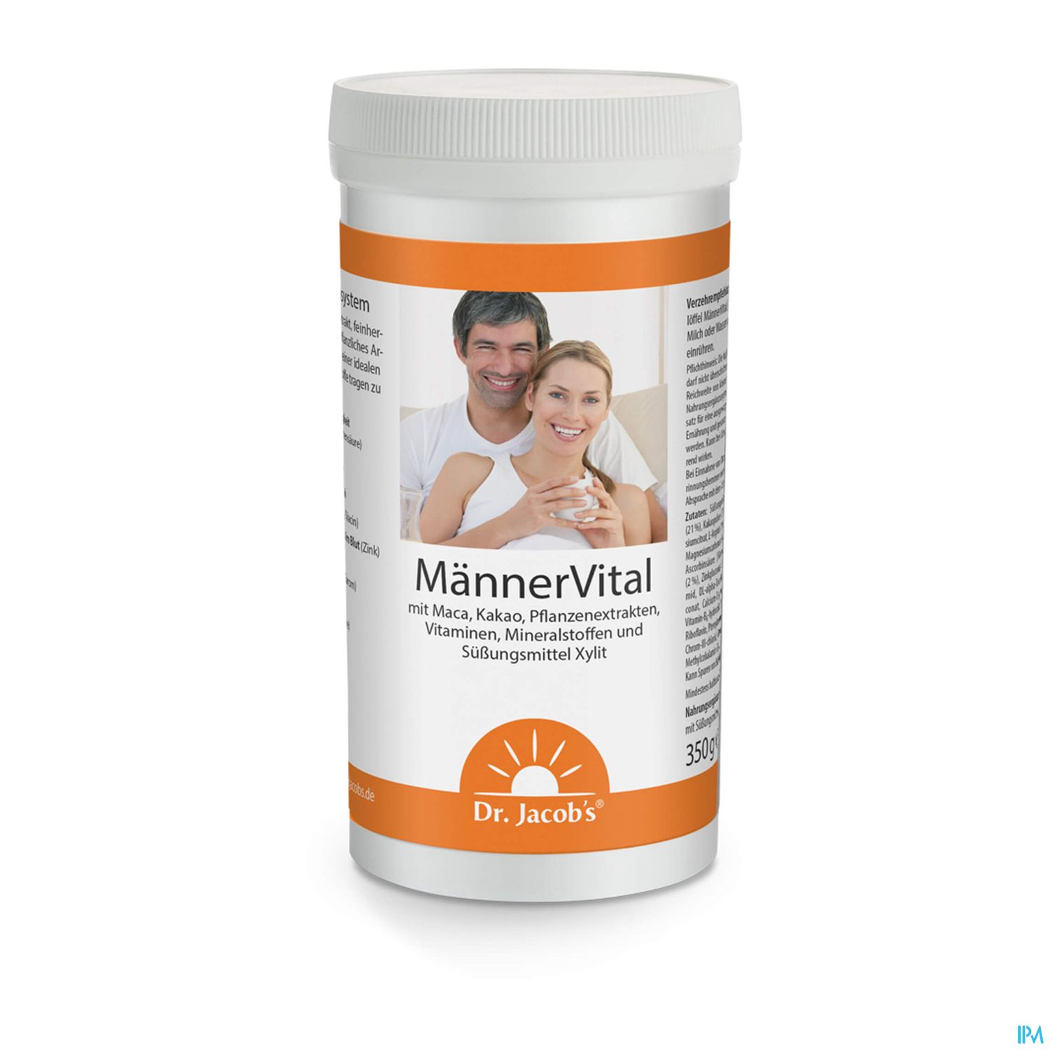 Verpackung des Produkts "MännerVital" von Dr. Jacobs, mit einem orangefarbenen Label und einem Bild von einem Mann und einer Frau im Hintergrund.