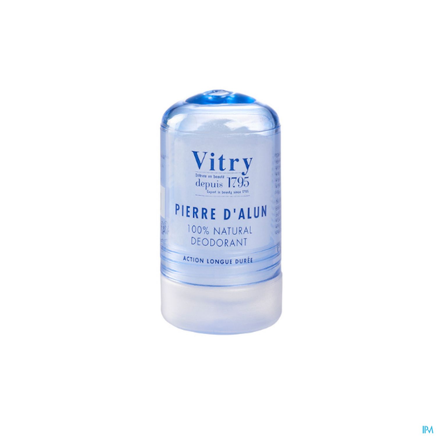 Transparente Deodorant-Stick-Flasche von Vitry, beschriftet mit "Pierre d'Alun 100% natural deodorant".