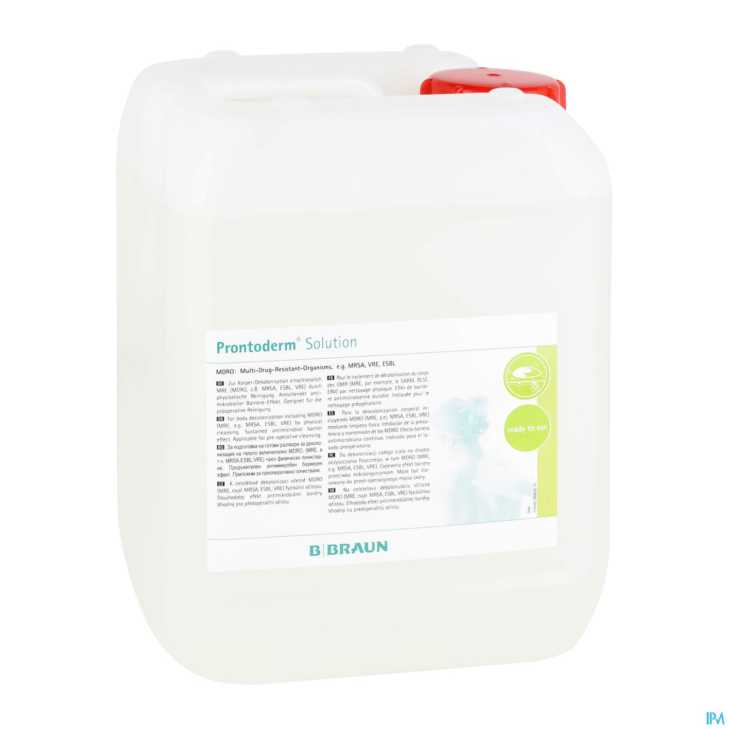 Weißer Kanister mit rotem Deckel und Etikett, beschriftet mit "Prontoderm® Solution" von B. Braun.