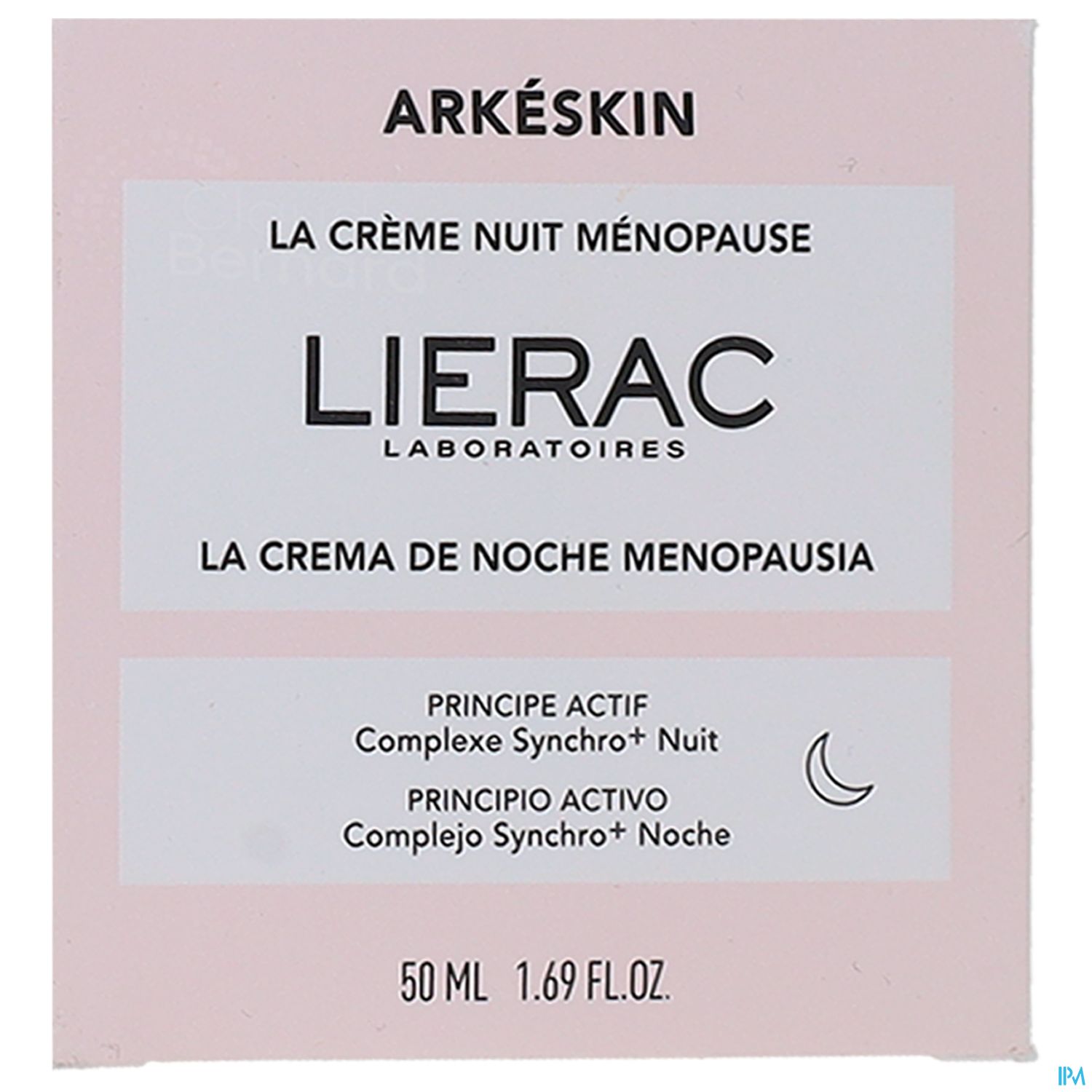 Produktverpackung der "Arkéskin La Crème Nuit Ménopause" von Lierac mit Angaben zu Inhalt und Anwendung in drei Sprachen.