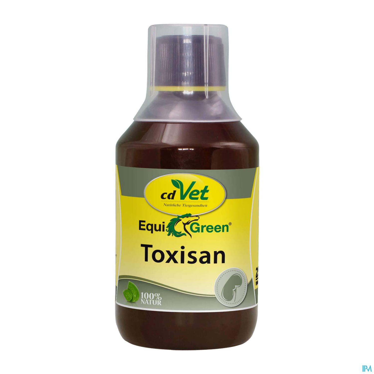 Braune Flasche mit gelbem Etikett, die das Produkt "EquiGreen Toxisan" von cdVet zeigt.