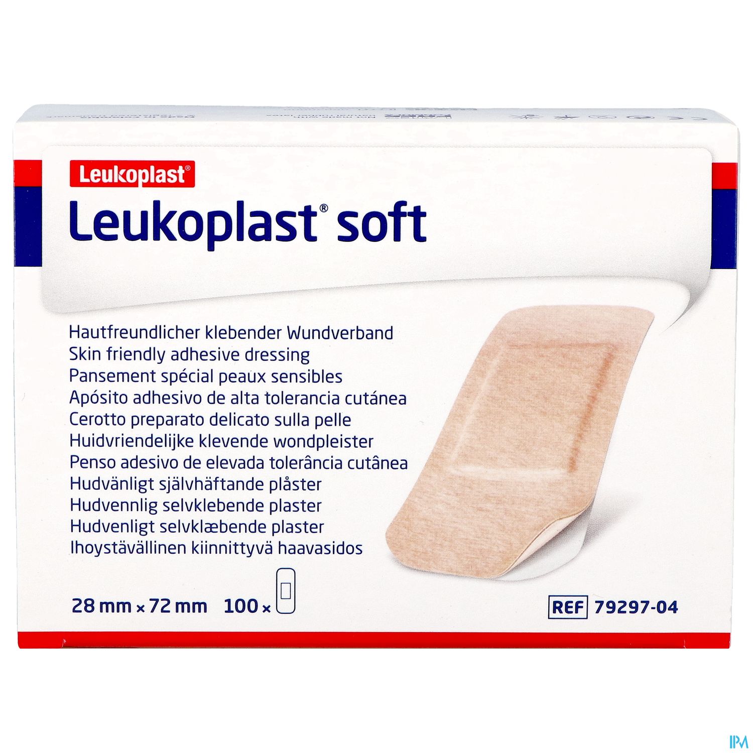 Verpackung eines hautfreundlichen, klebenden Wundverbands namens Leukoplast soft, Größe 28 mm x 72 mm, mit verschiedenen Sprachversionen der Produktbeschreibung.