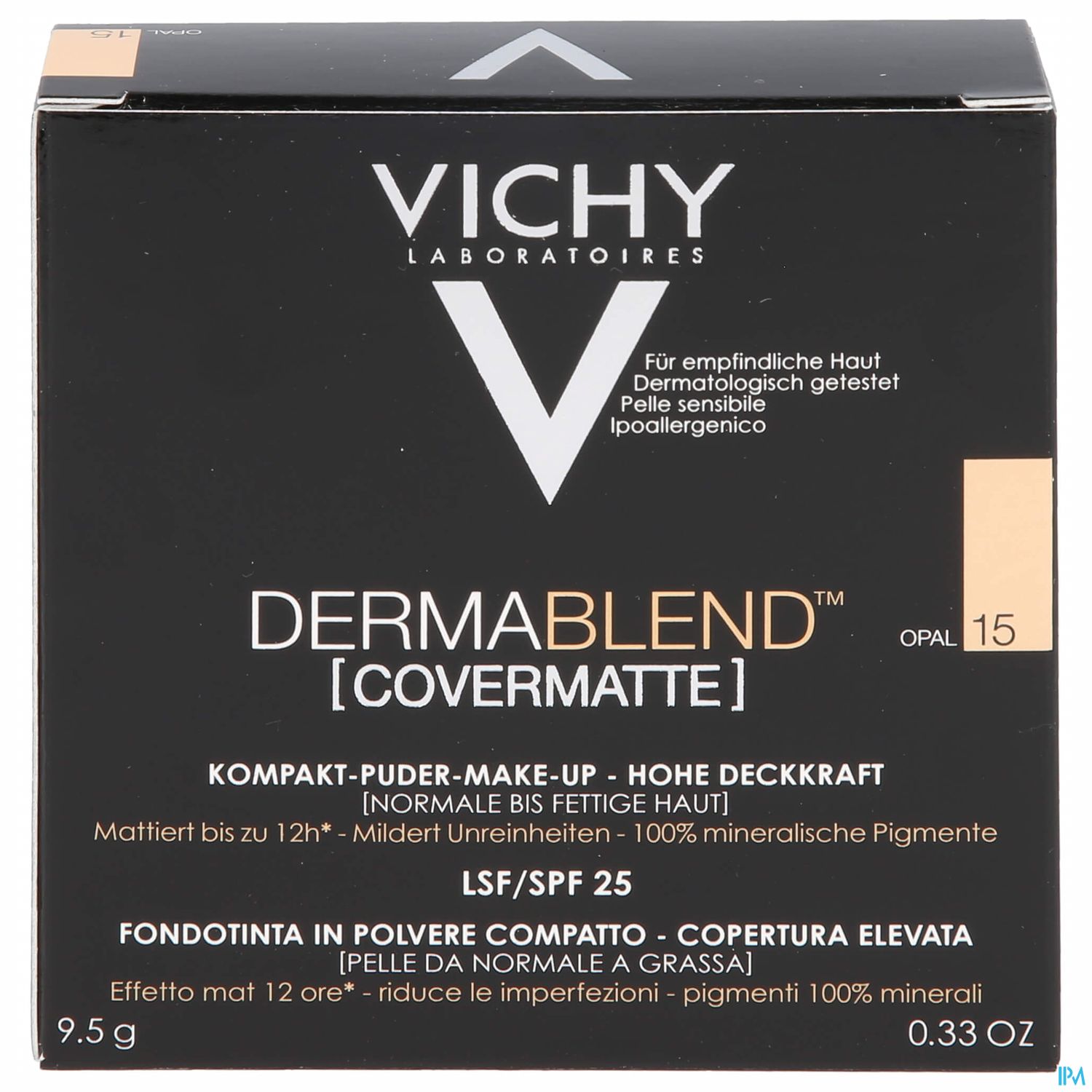 Schwarze Verpackung mit dem Aufdruck "VICHY DERMABLEND [COVERMATTE] OPAL 15" und Produktinformationen in mehreren Sprachen.