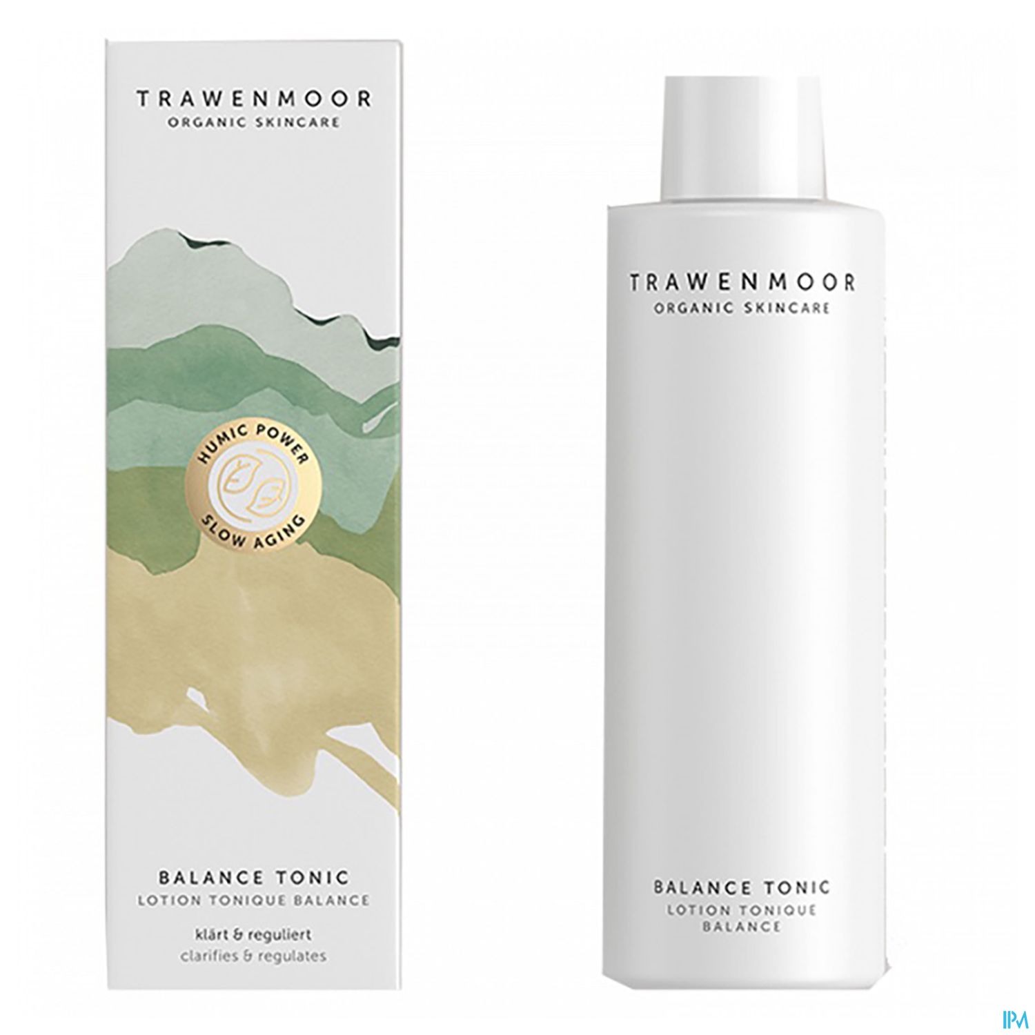 Flasche mit Balance Tonic von TRAWENMOOR für organische Hautpflege, umgeben von einer beschrifteten Verpackung mit sanften, natürlichen Farben.