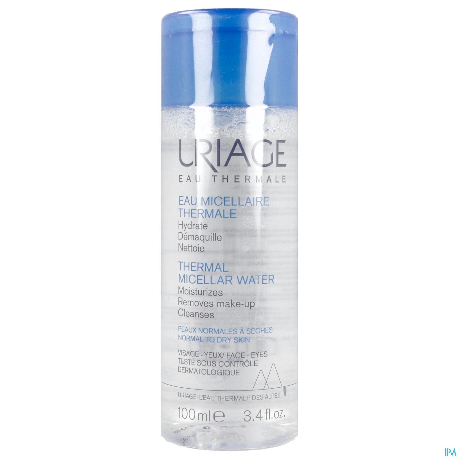 Flasche mit Thermalwasser von Uriage, 100 ml, mit Beschriftung über die Eigenschaften und Anwendung.