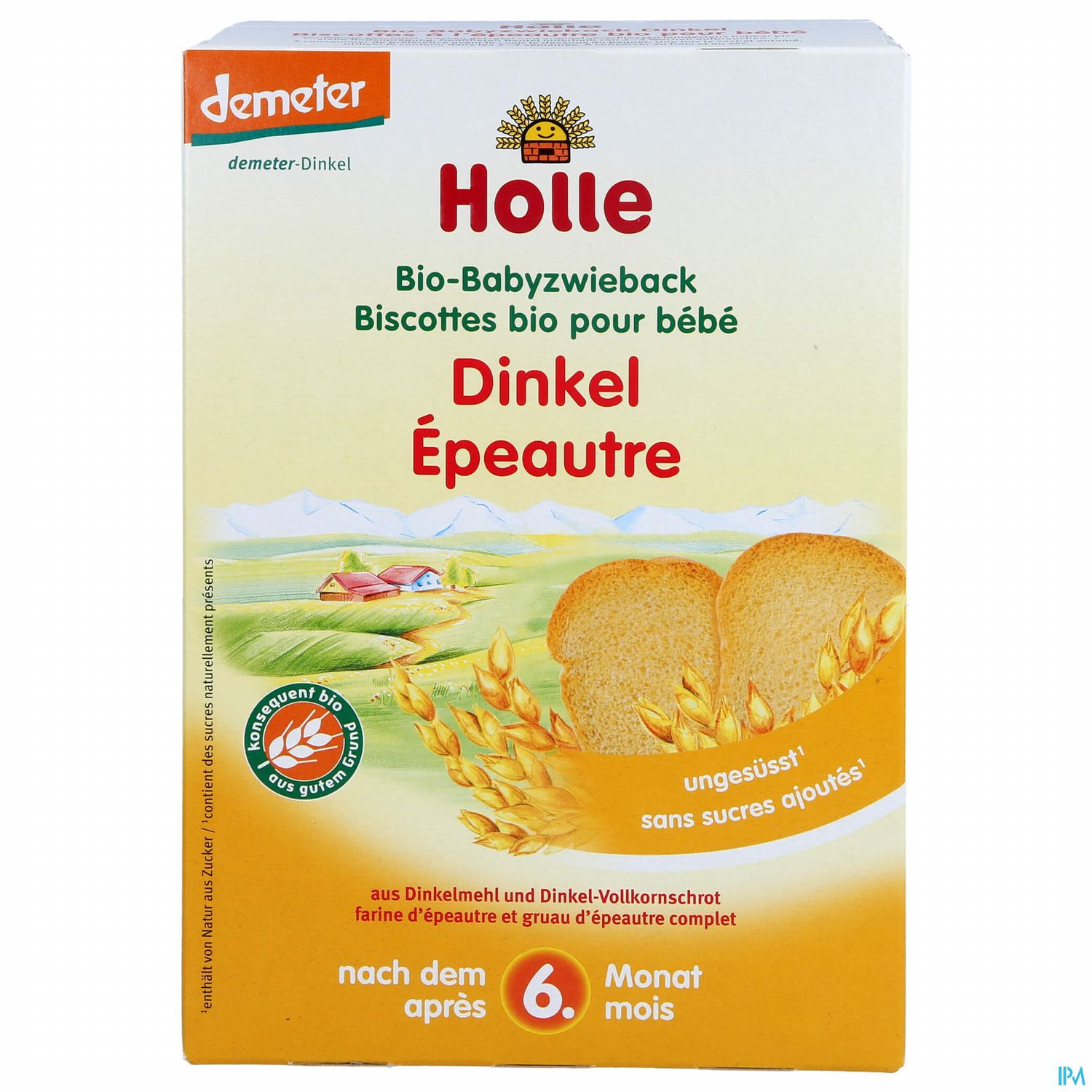 Verpackung von Holle Bio-Babyzwieback aus Dinkel, geeignet für Babys ab dem 6. Monat, mit Informationen über Inhaltsstoffe und Herkunft.