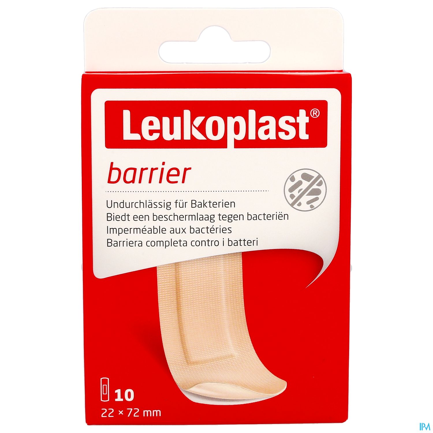 Verpackung von Leukoplast mit Hinweis auf bakterienabweisende Eigenschaften und den Inhalt von 10 Pflastern.