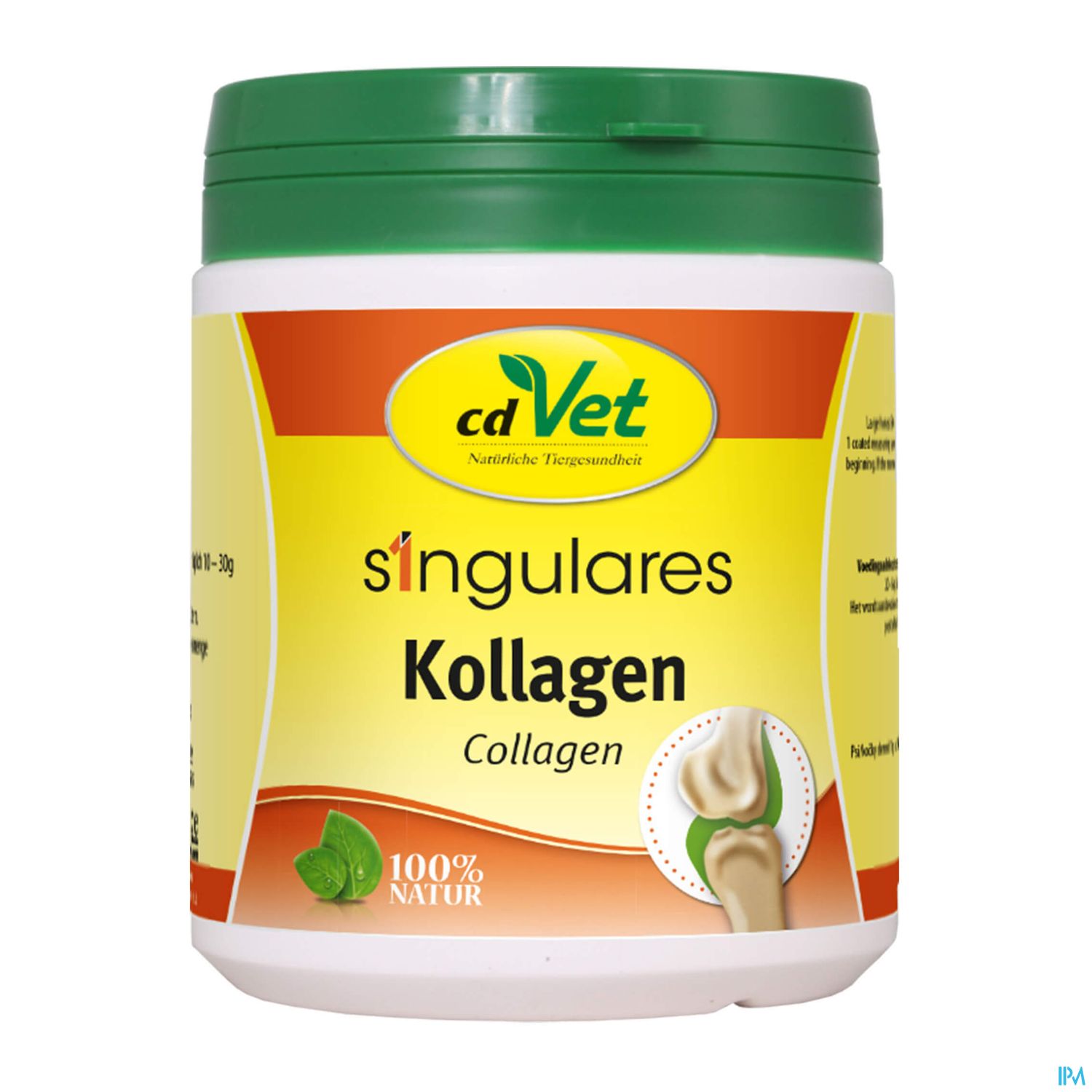 Weißes Verpackungsgefäß mit grünem Deckel, beschriftet mit "cdVet s'ingulares Kollagen", enthält Informationen über ein natürliches Ergänzungsmittel.