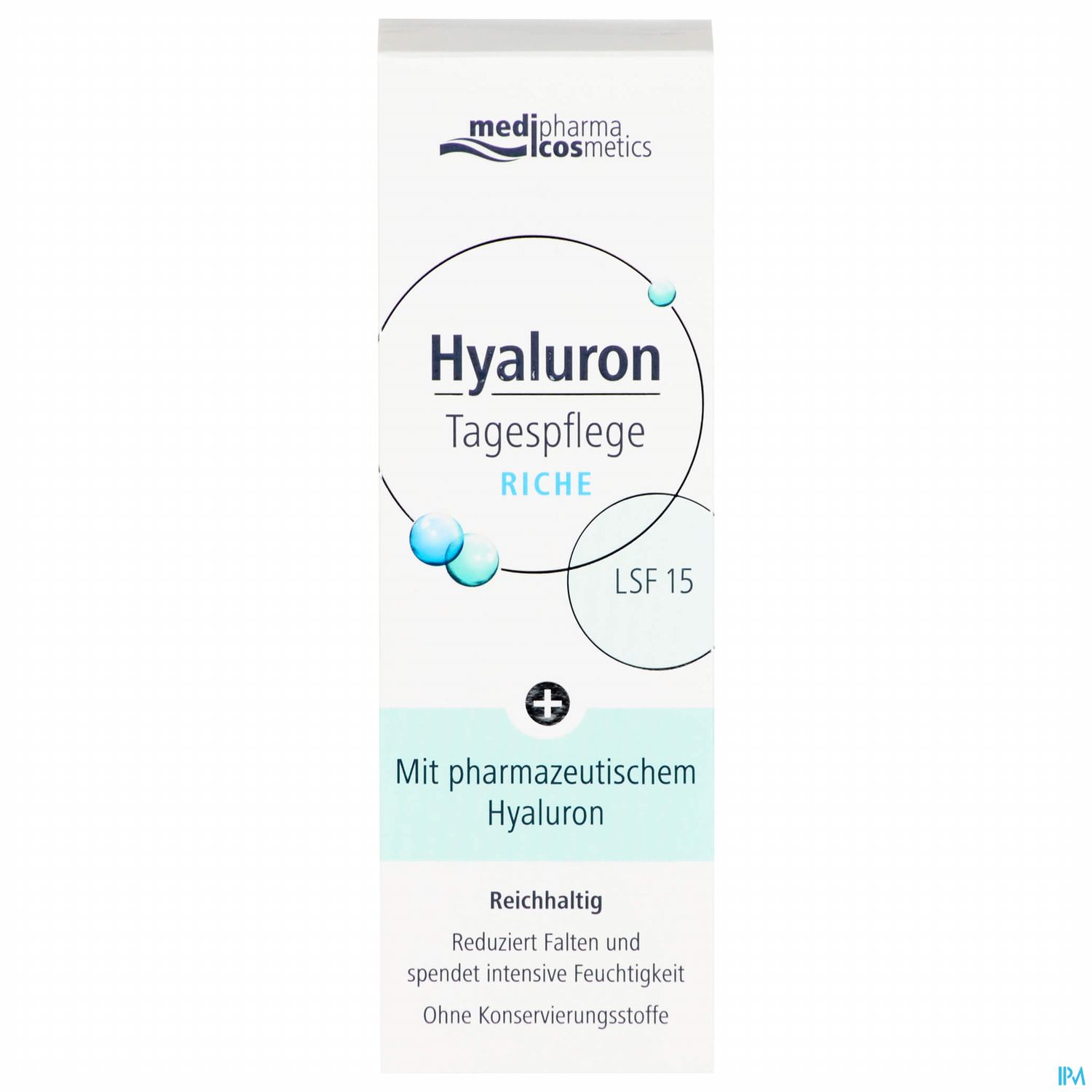 Verpackung von medi pharma cosmetics Hyaluron Tagespflege Riche mit LSF 15, die Falten reduziert und intensive Feuchtigkeit spendet.