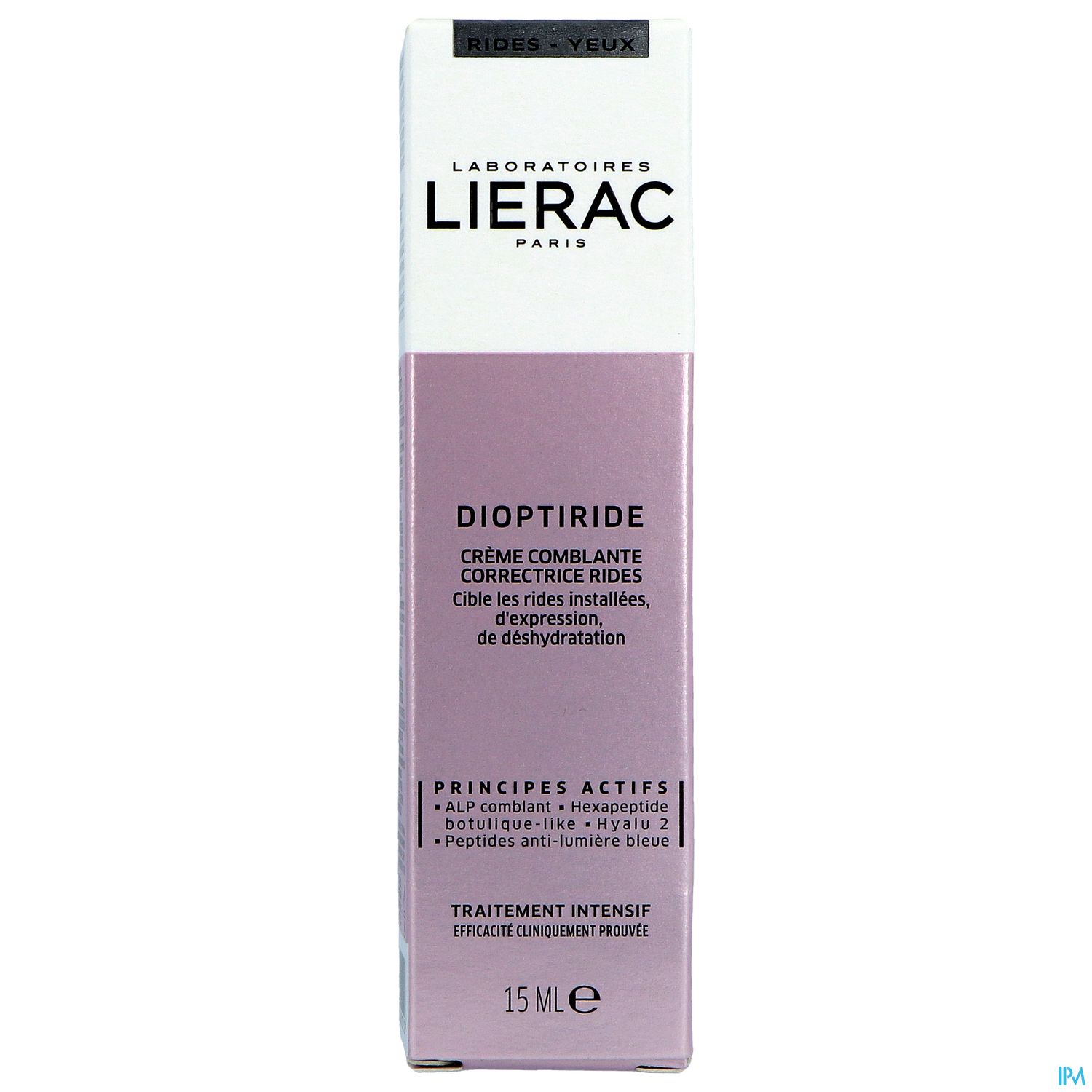 Produktverpackung von Lierac Dioptride, einer Creme zur Minderung von Falten und Dehydrierung für die Augenpartie.