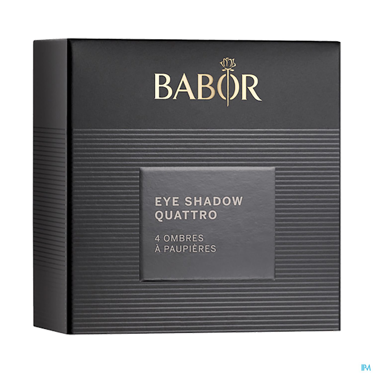 Schwarze Verpackung mit goldener Schrift "BABOR" und der Bezeichnung "EYE SHADOW QUATTRO" sowie "4 OMBRES À PAUPIÈRES".