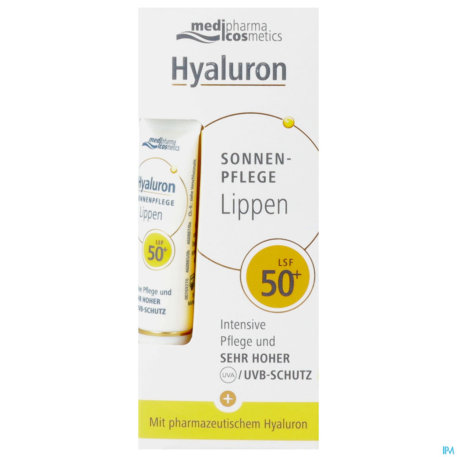 Verpackung eines Lippenbalsams mit Hyaluron und Sonnenschutz LSF 50+.