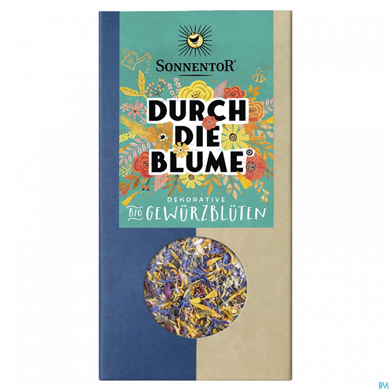 Verpackung von Sonnentor mit dem Schriftzug "Durch die Blume", gefüllt mit bunten Bio-Gewürzblüten.
