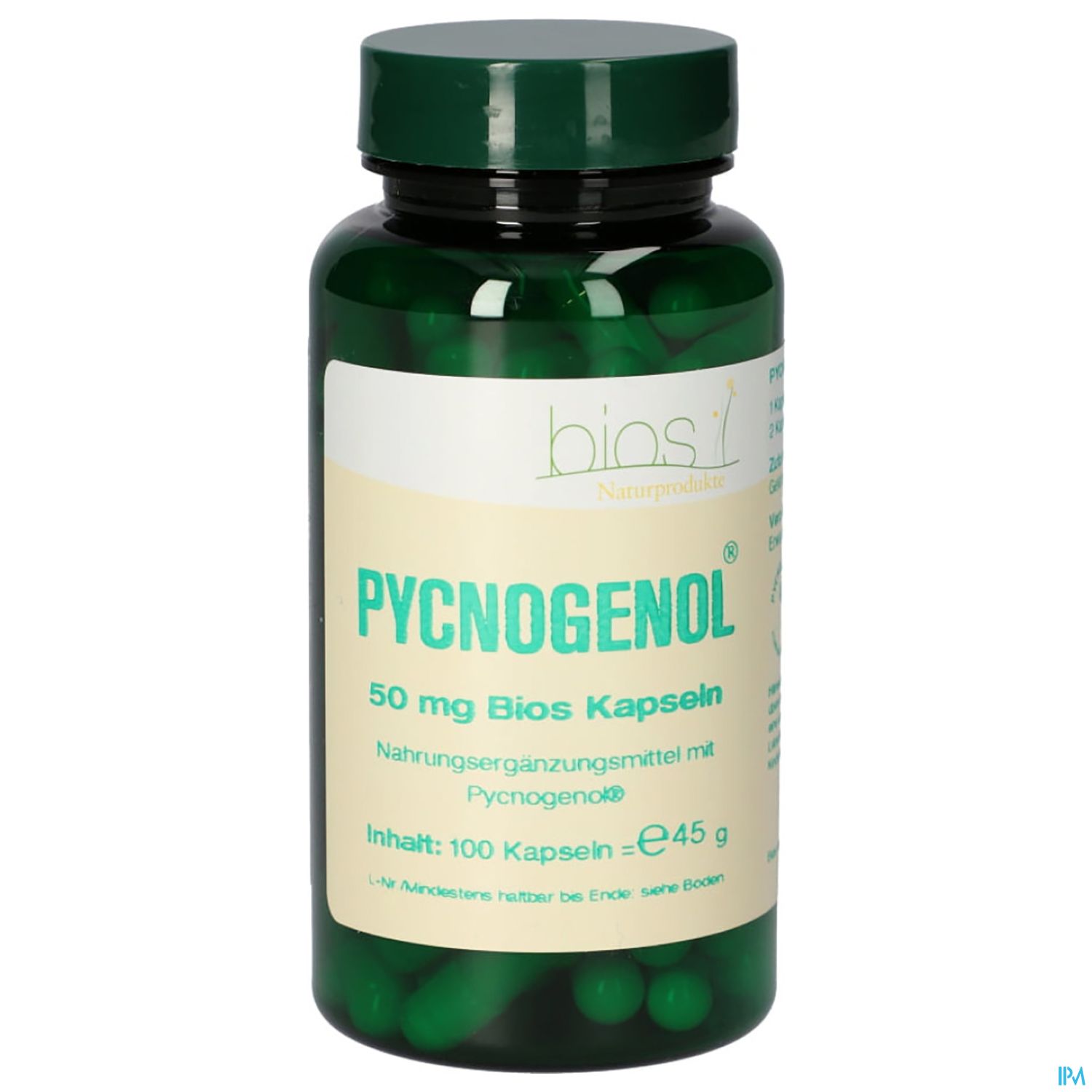 Grüner Flakon mit 100 Kapseln des Nahrungsergänzungsmittels Pycnogenol, 50 mg pro Kapsel.
