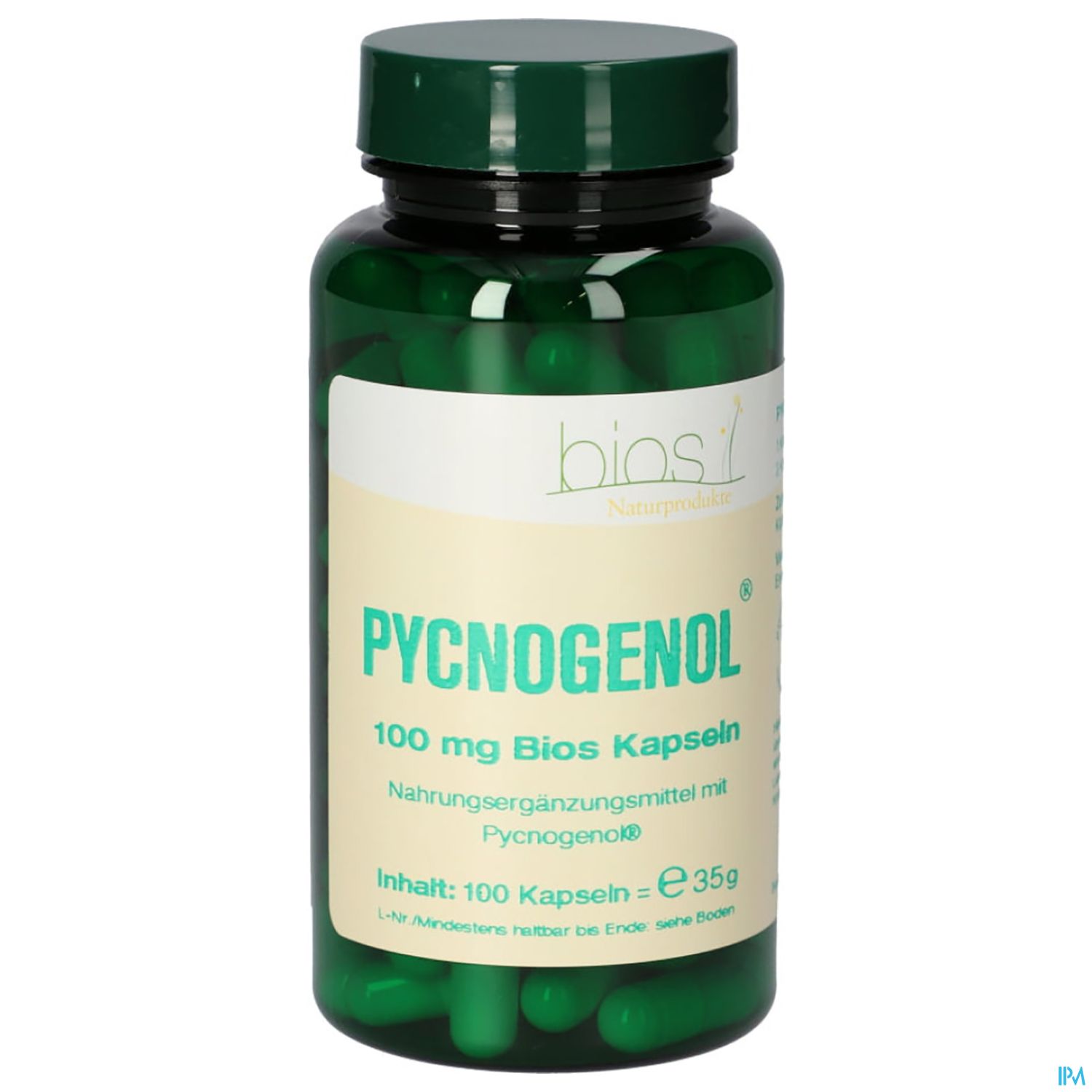 Grünes Glasbehältnis mit Nahrungsergänzungsmittel Pycnogenol in Kapseln, 100 mg, 100 Kapseln, Inhalt 35 g.