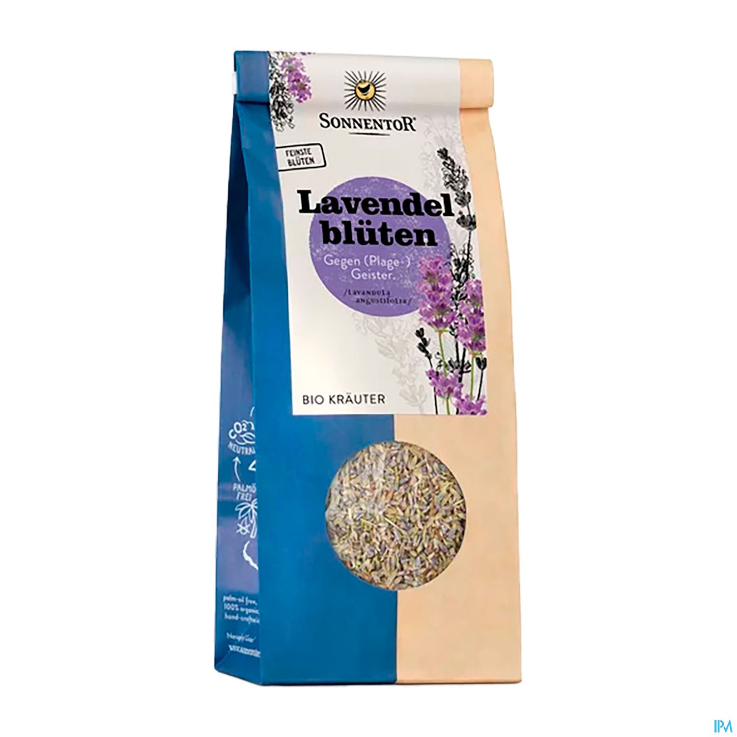 Verpackung mit Lavendelblüten von Sonnentor, mit Angaben zu Verwendung und Inhalt.