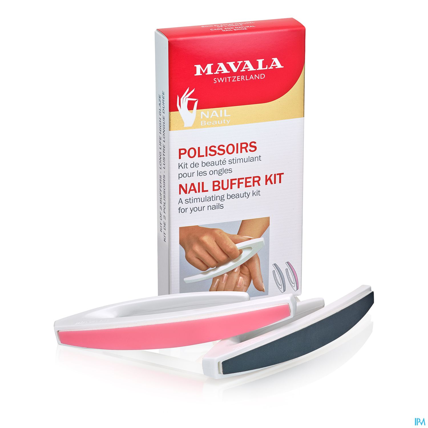 Kartonverpackung eines Nagelpflegesets mit zwei Nagelbuffern in pink und schwarz.