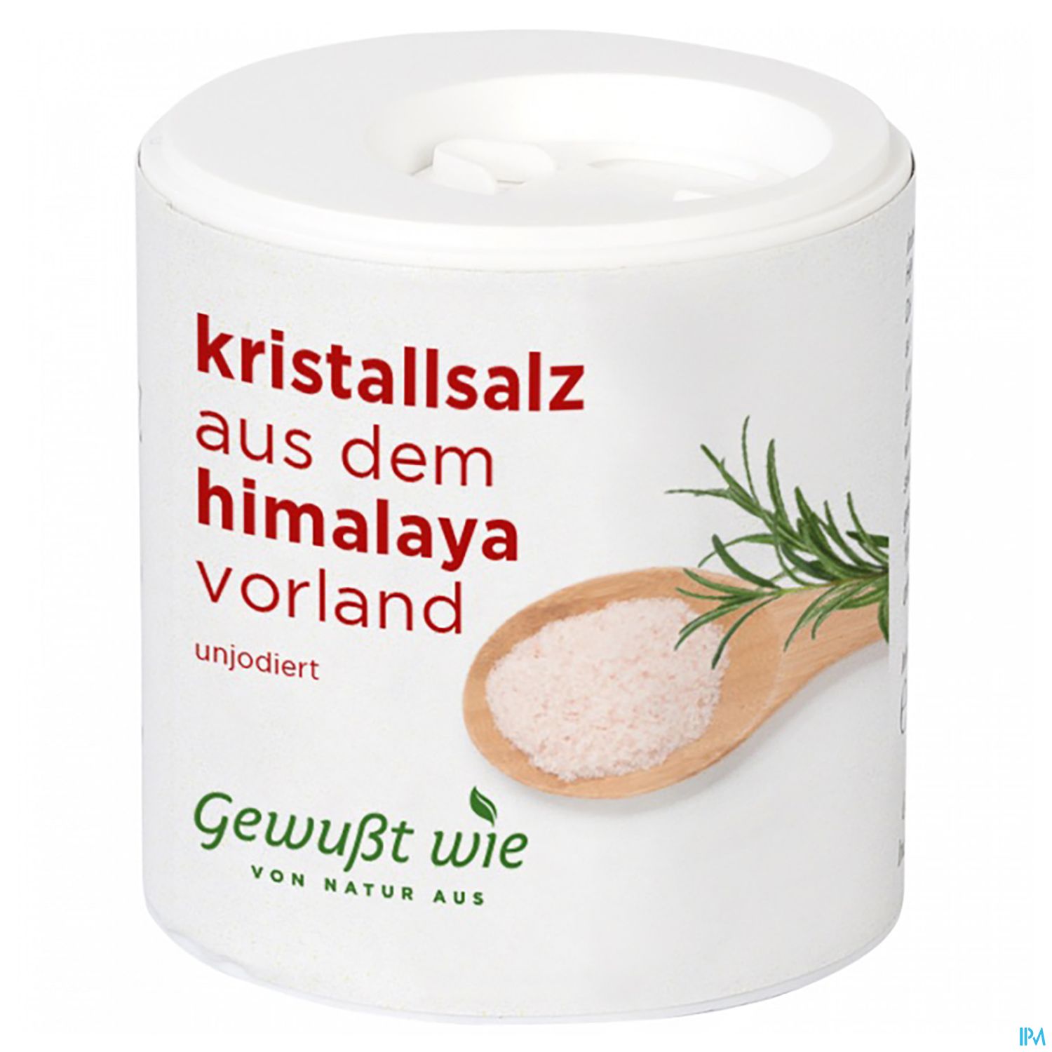 Weißes Kristallsalz in einer runden Verpackung mit einem Deckel, beschriftet mit "Kristallsalz aus dem Himalaya-Vorland unjodiert" und dem Markennamen "Gewusst wie".