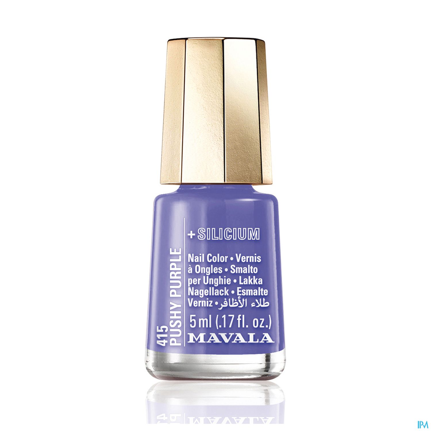 Flasche mit lila Nagellack der Marke Mavala, Bezeichnung "Pushy Purple", 5 ml.