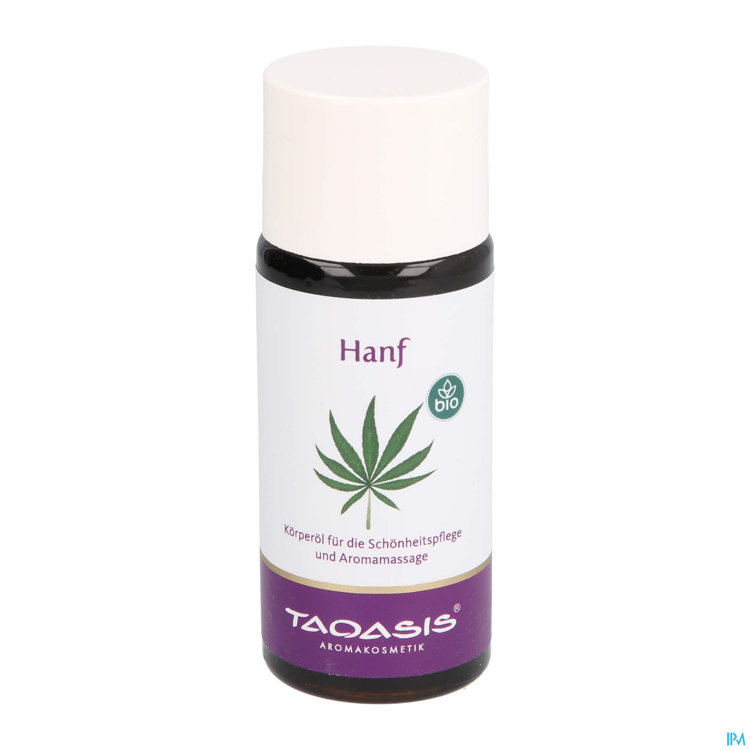 Flasche mit Hanf-Körperöl für Schönheitspflege und Aromamassage von Taoasis.