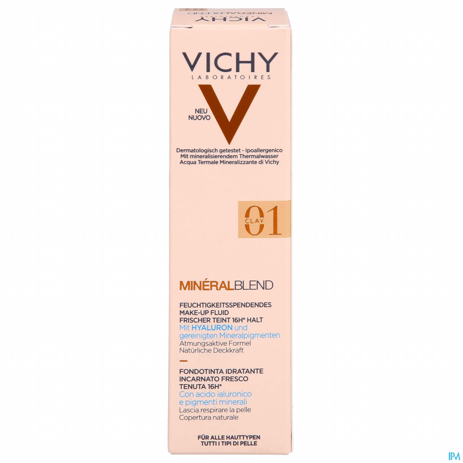 Produktverpackung von Vichy Mineralblend Make-up, in beige mit weißen und goldenen Schriftzügen, die Inhaltsstoffe und Anwendungshinweise zeigt.