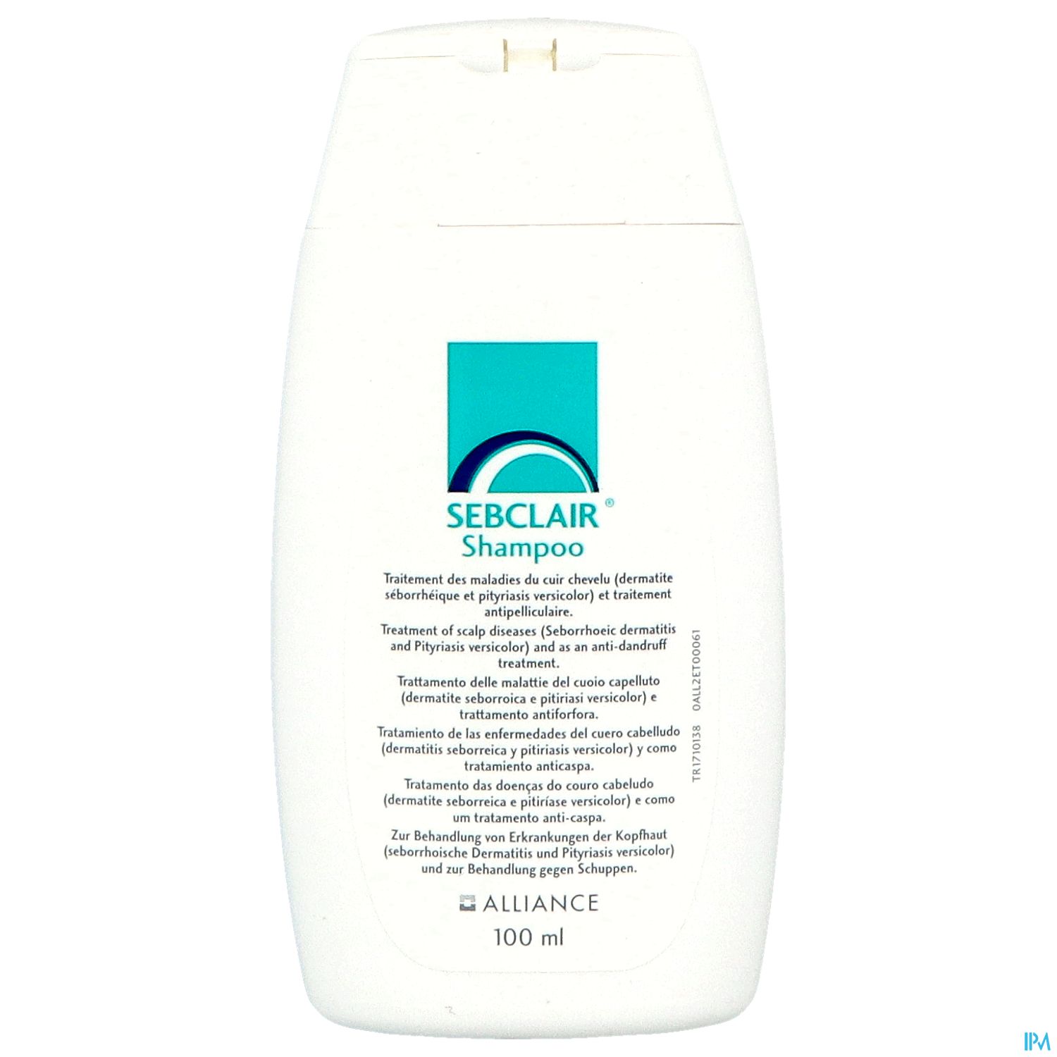 Flasche Sebclair Shampoo, 100 ml, weiß mit blauer Schrift, zur Behandlung von Kopfhautproblemen.