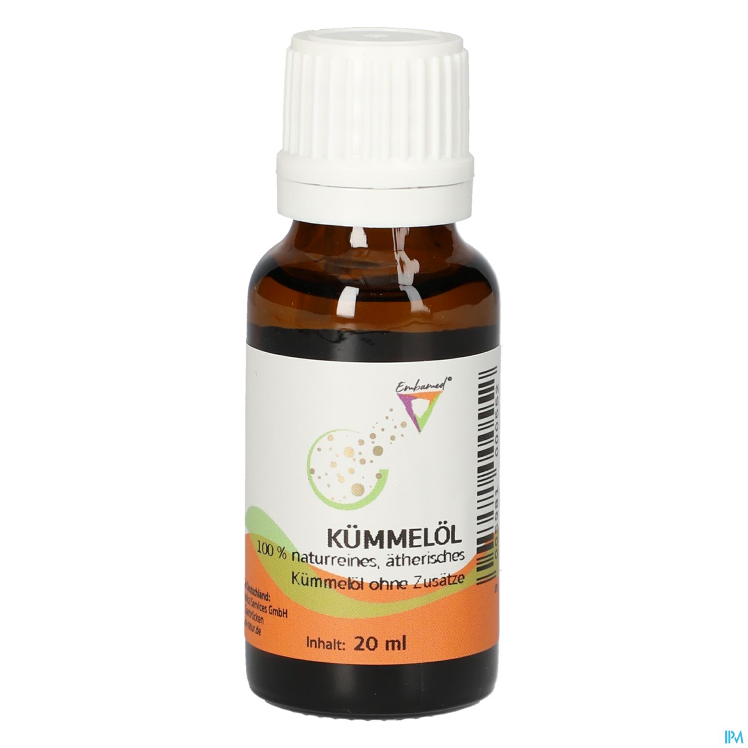 Braune Flasche mit Kümmeöl, 20 ml, Etikett mit Text "100 % naturreines, ätherisches Kümmelöl ohne Zusätze".