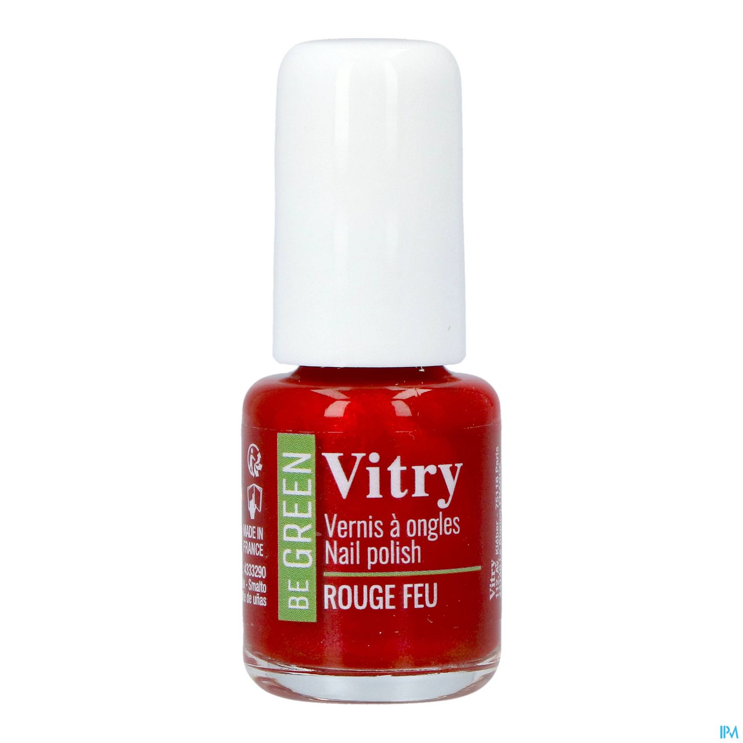 Roter Nagellack in einer kleinen Flasche mit weißem Deckel und grüner Etikettierung.