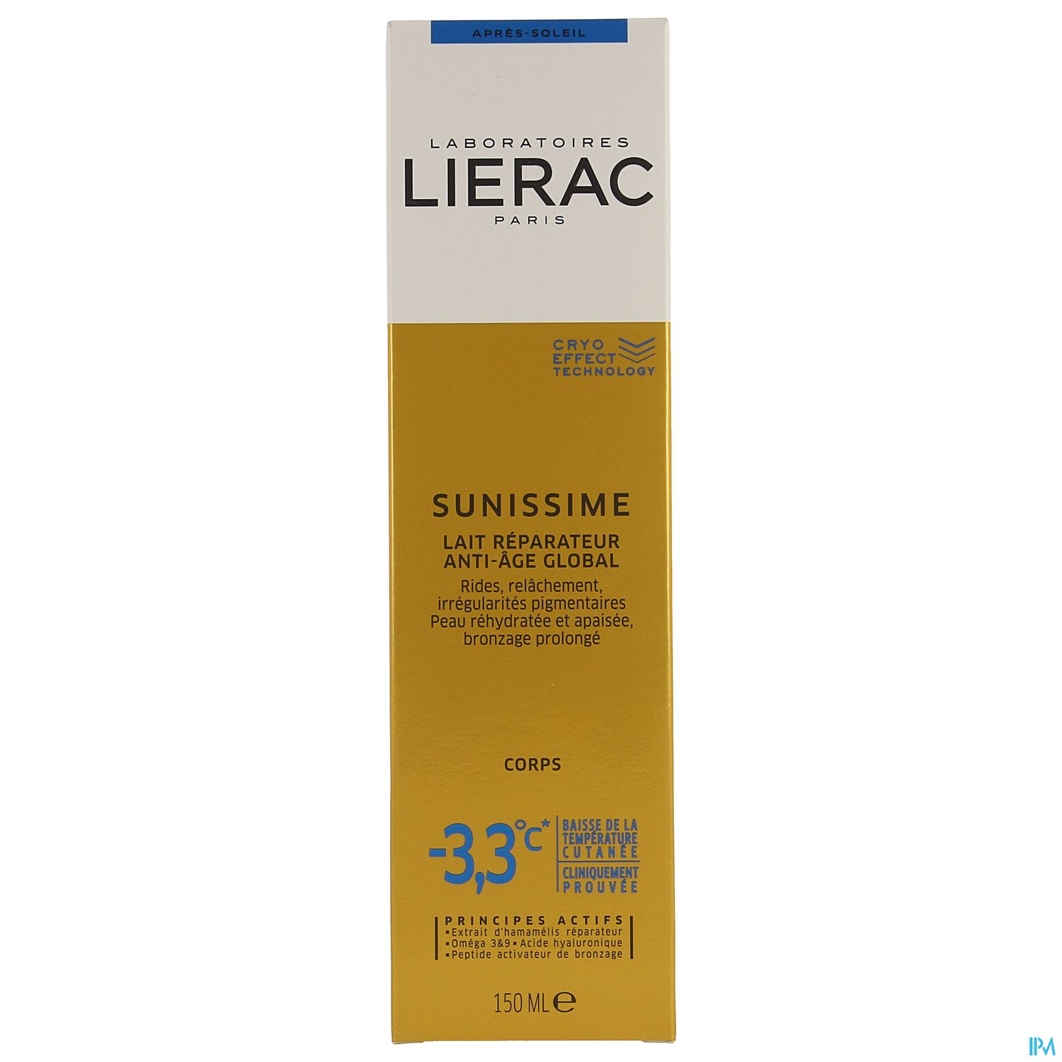 Produktverpackung von Lierac Sunissime, einem 150 ml Körperpflegeprodukt mit Anti-Aging-Wirkung, auf gelbem und weißem Hintergrund.