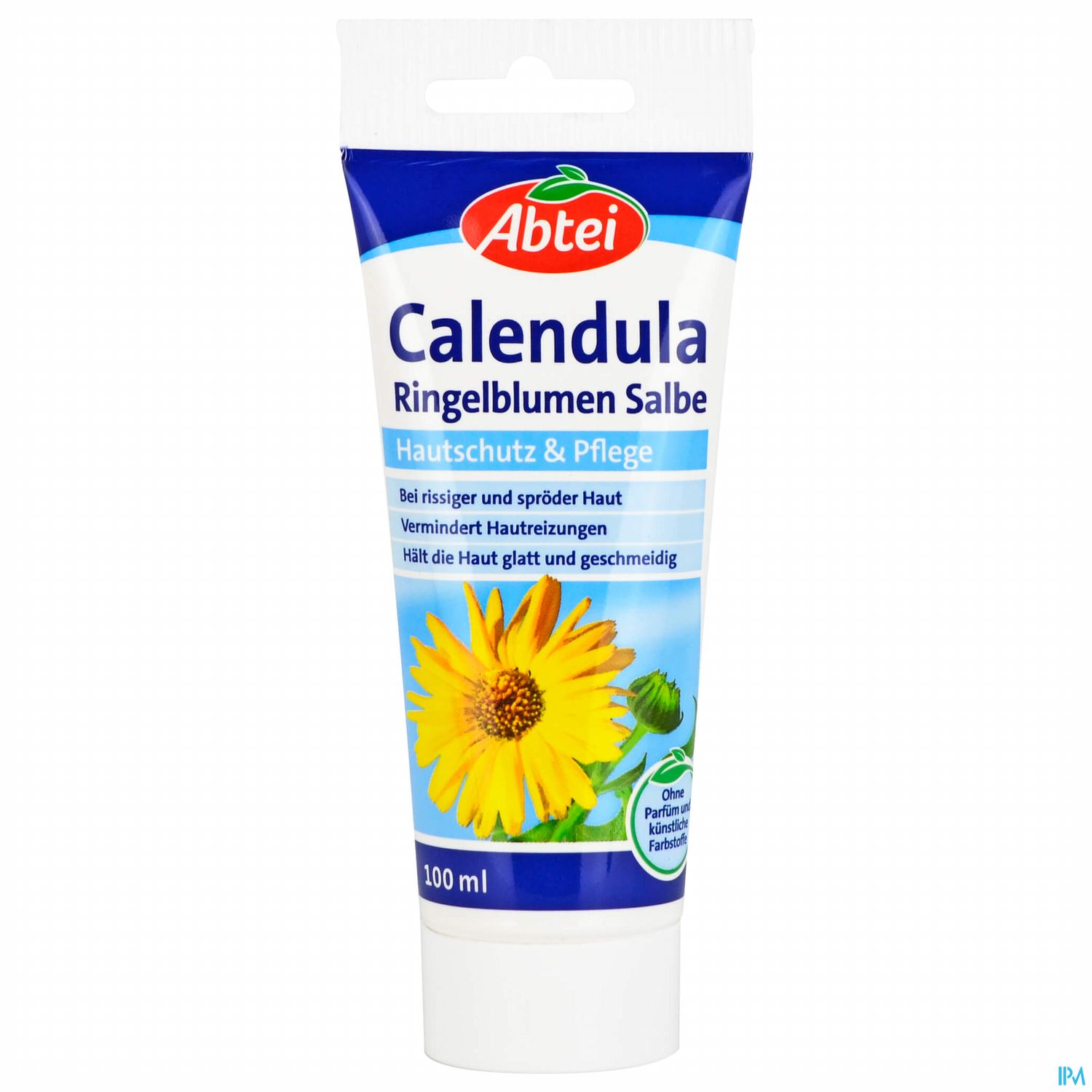 Tube mit Abtei Calendula Ringelblumensalbe, 100 ml, zur Hautpflege und zum Hautschutz bei rissiger Haut.