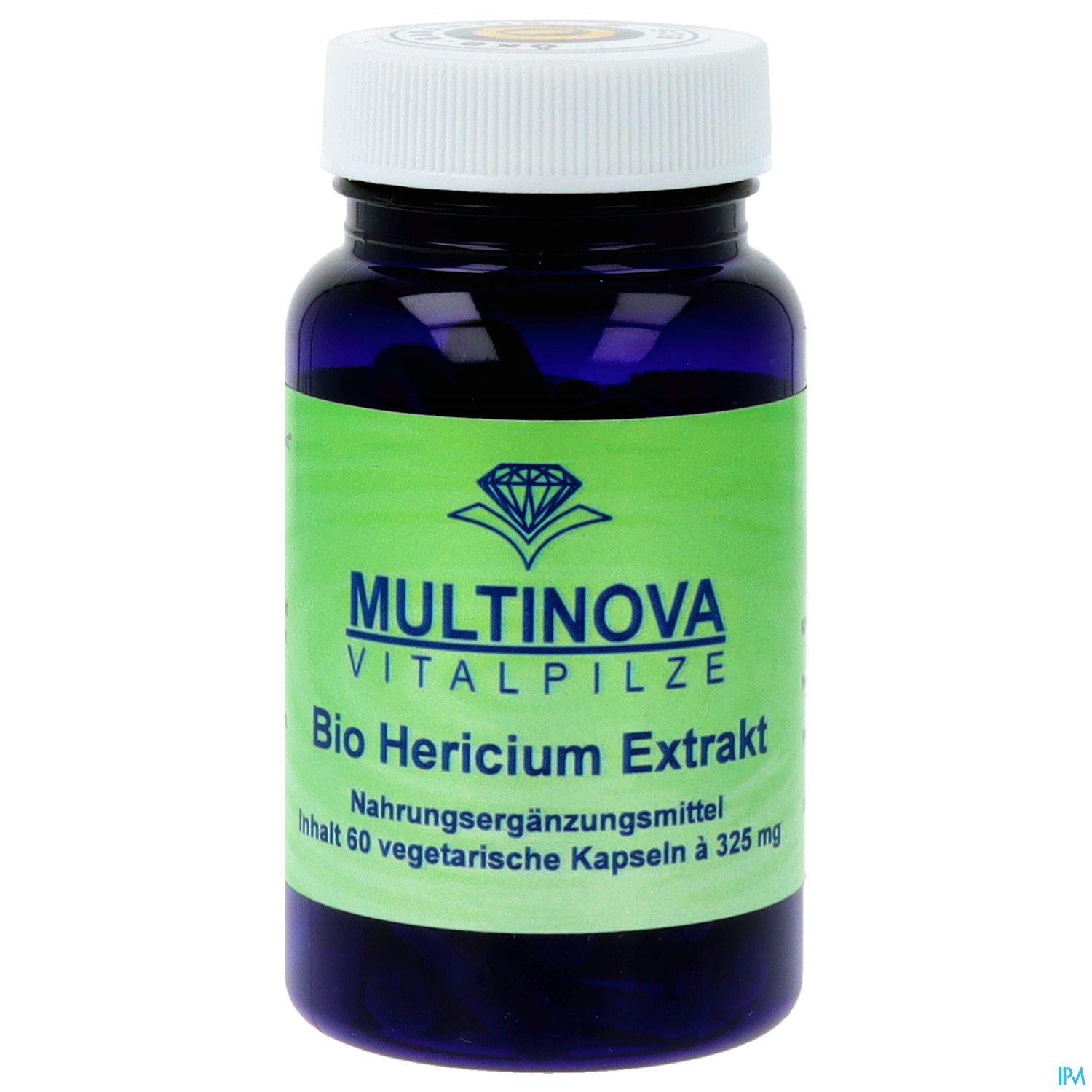 Braunglasflasche mit grünem Etikett, beschriftet mit "MULTINOVA VITALPILZE Bio Hericium Extrakt" und Informationen zu Inhalt und Dosierung.