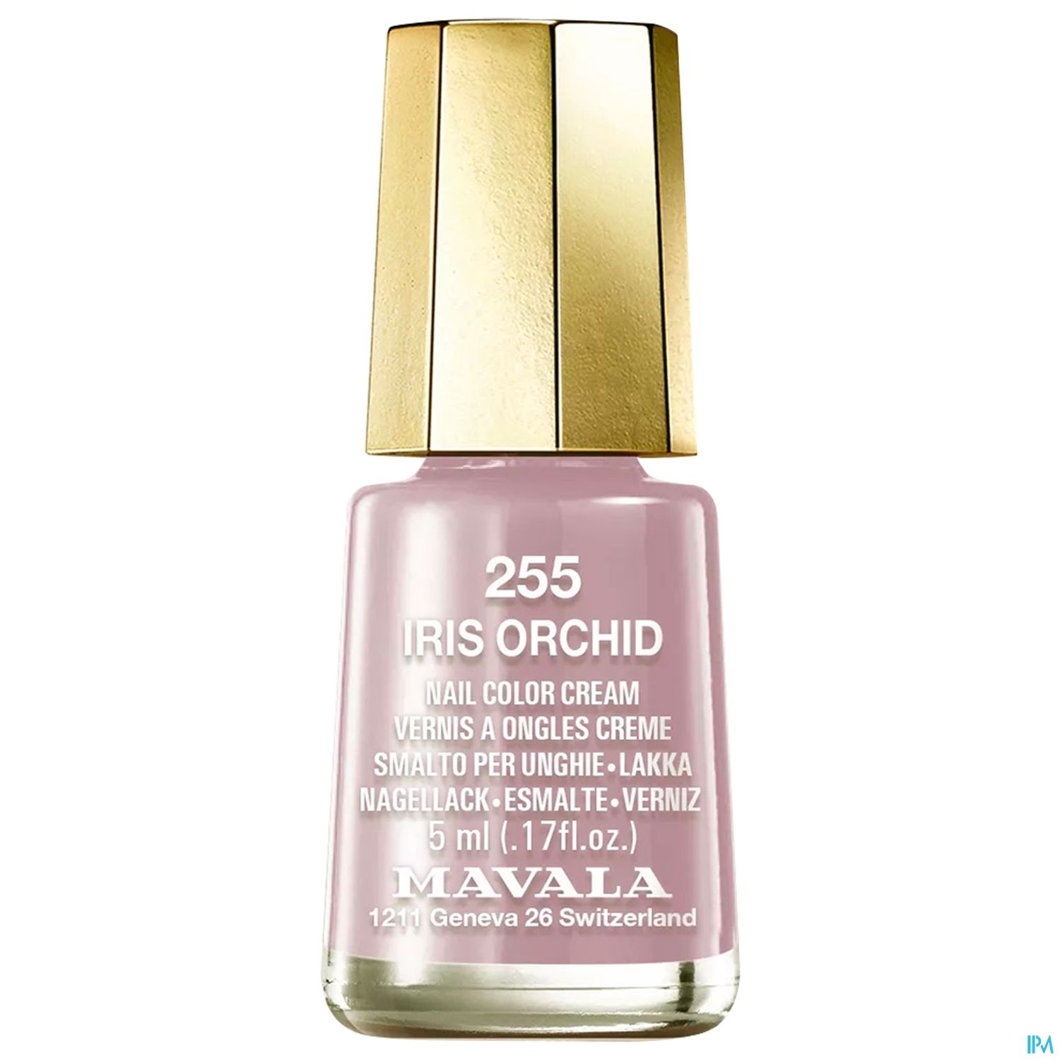 Flasche mit Nagellack in der Farbe "Iris Orchid" von Mavala, 5 ml Inhalt.