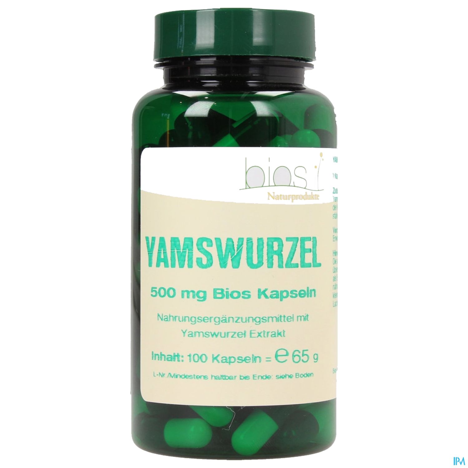 Grüne Kapseln in einer transparenten Flasche mit einem Etikett, das "Yamswurzel" und Informationen zu Inhalt und Nutzen angibt.
