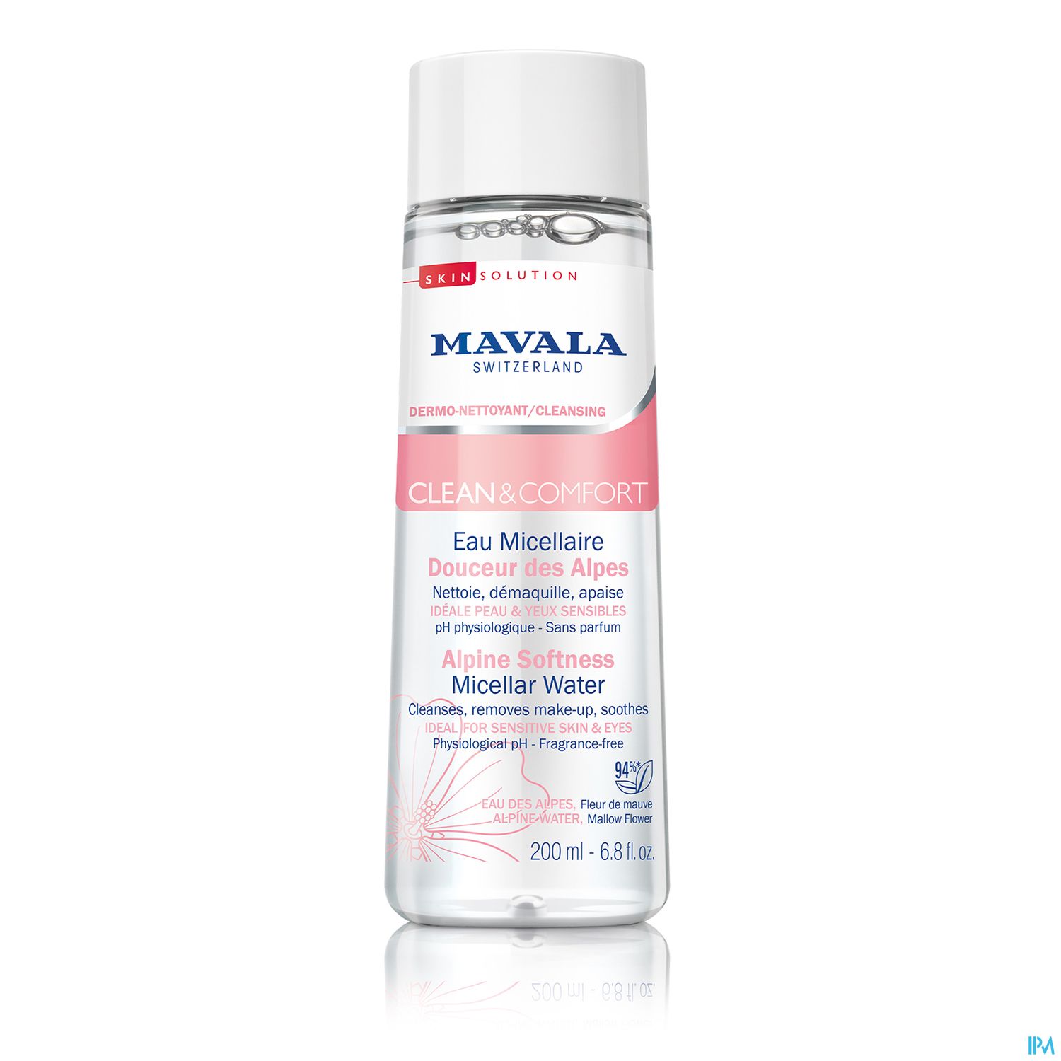 Flasche mit Mavala Clean & Comfort Micellar Water, 200 ml, mit rosa und klaren Etiketten.