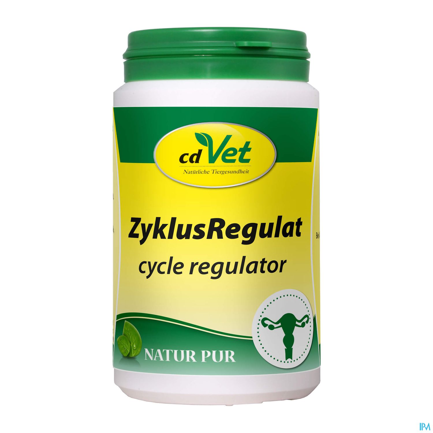 Weißer Behälter mit grünem Deckel, beschriftet mit "cdVet ZyklusRegulat cycle regulator" und einem symbolischen Bild eines weiblichen Fortpflanzungssystems.