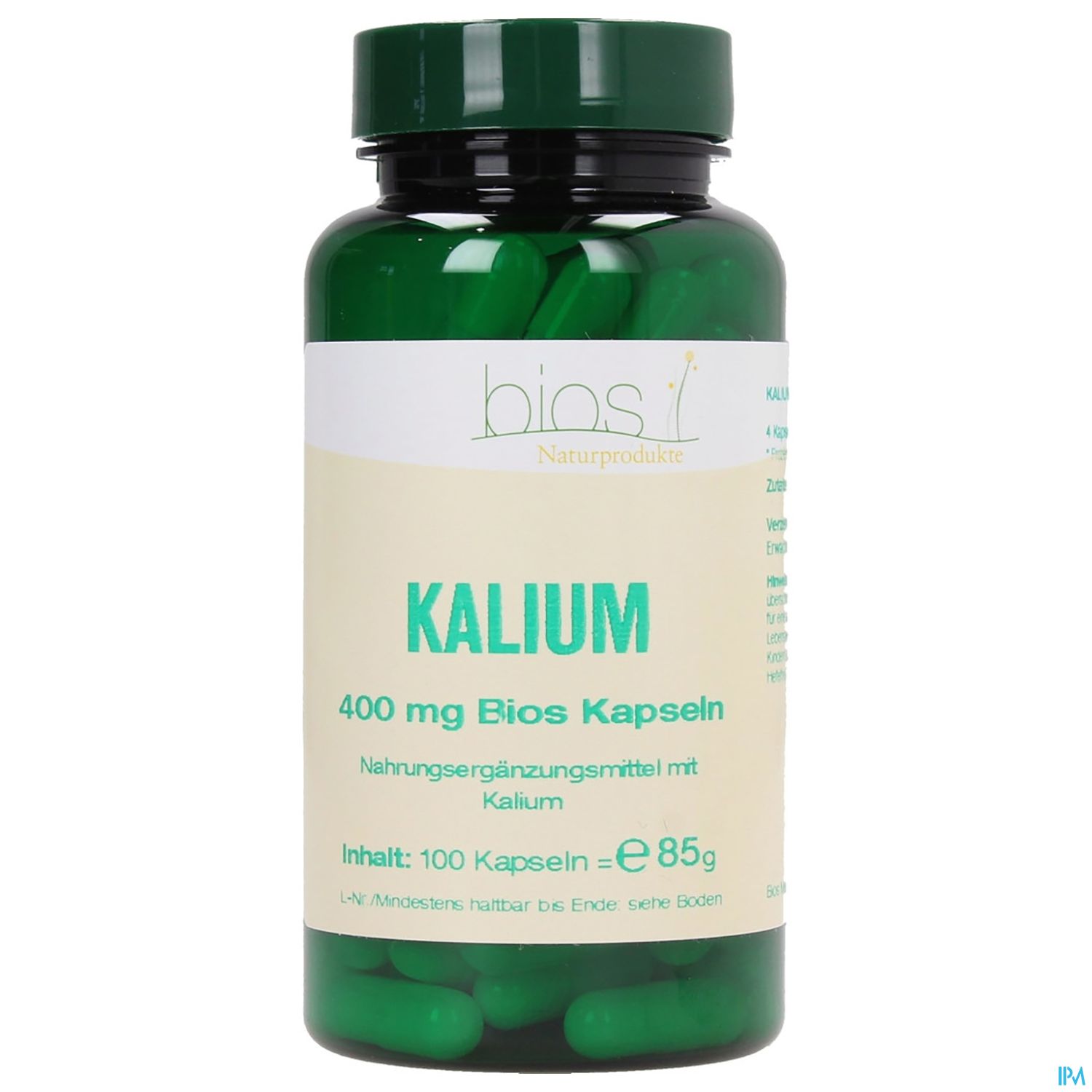 Grüne Kapsel-Flasche mit der Aufschrift "Kalium 400 mg" und Informationen zu Nahrungsergänzungsmitteln.