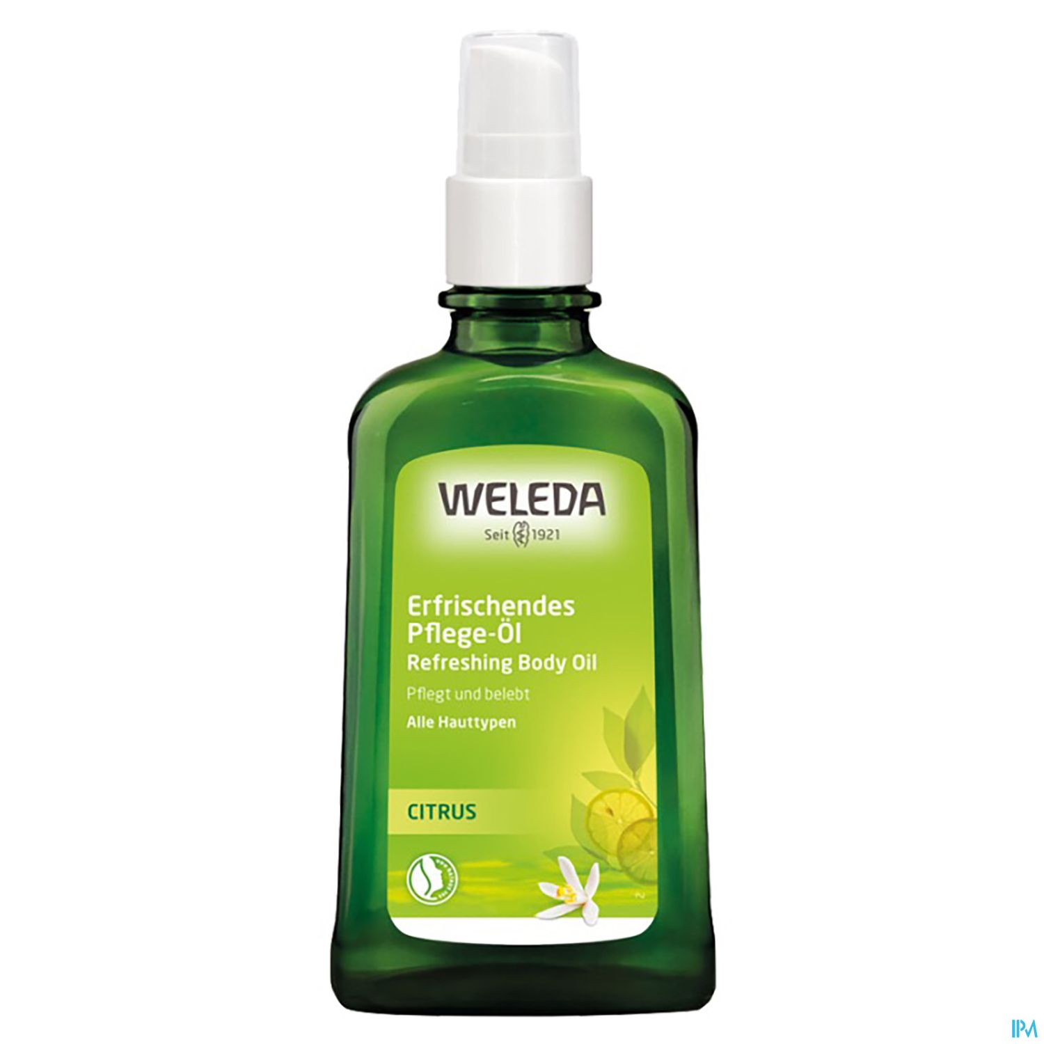 Grüne Flasche mit erfrischendem Pflege-Öl von Weleda, beschriftet mit „Errischendes Pflege-Öl“ und „Citrus“.