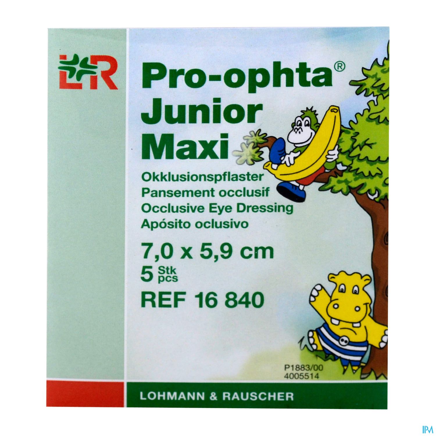 Verpackung eines Okkusionspflasters namens "Pro-ophta Junior Maxi" in fröhlichem Design mit Illustrationen von Tieren.