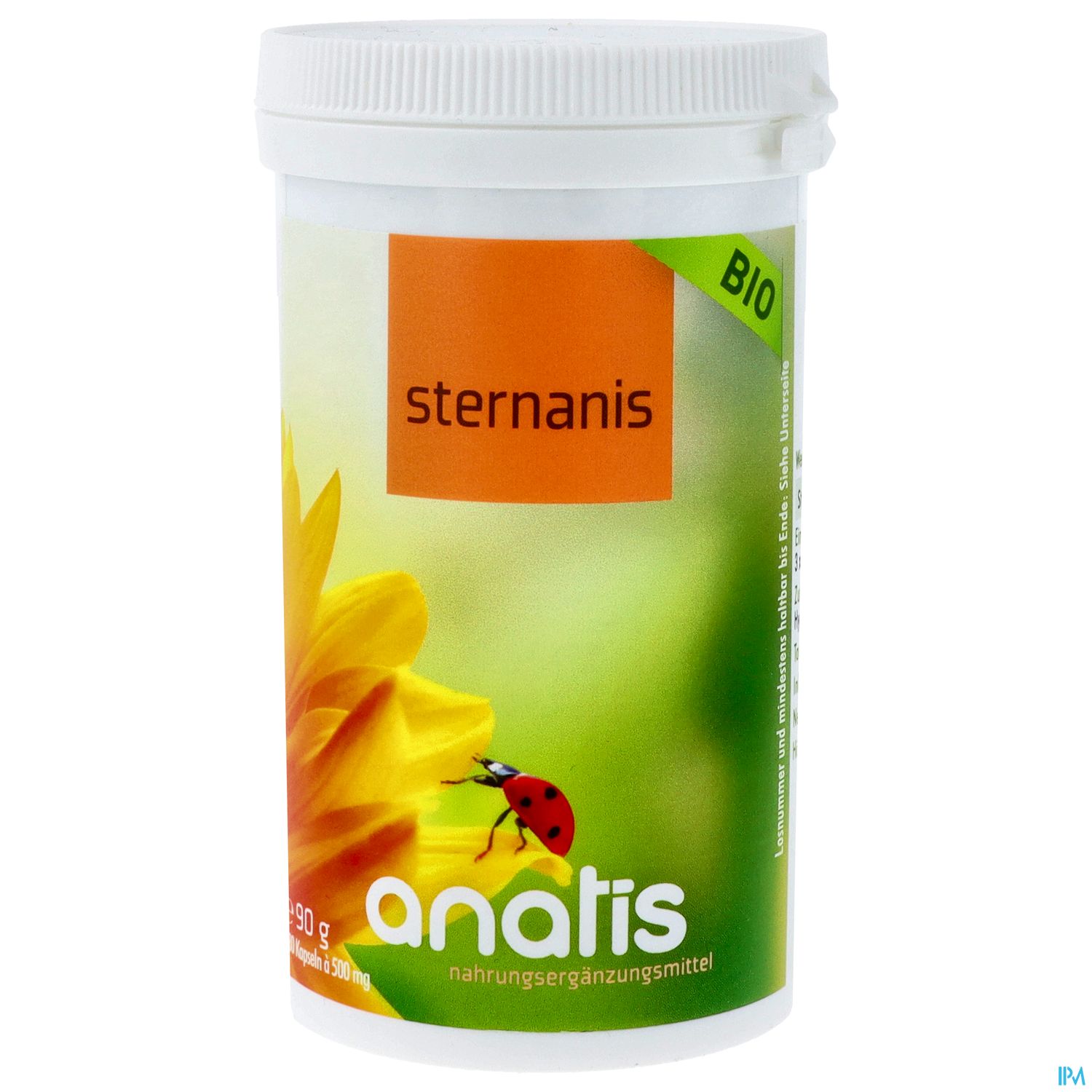 Unverpacktes Bio-Sternanis-Nahrungsergänzungsmittel in einem weißen Behälter mit gelben Blüten und einem Marienkäfer.