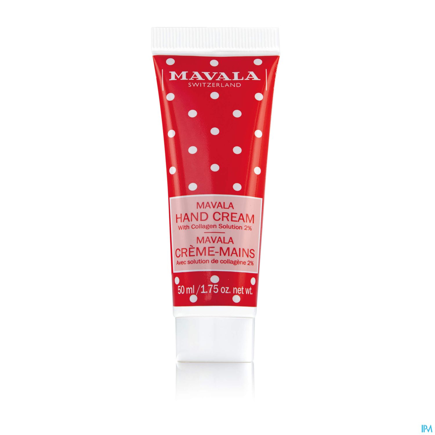 Tubenformige Handcreme mit rotem, gepunktetem Design und Aufschrift "MAVALA HAND CREAM" in englischer und französischer Sprache.